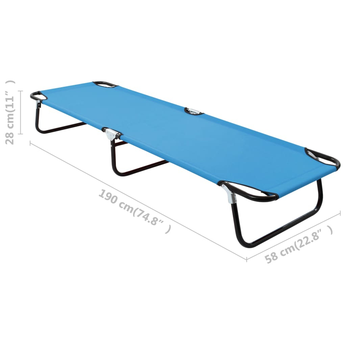 Blaues, zusammenklappbares Strandbett mit schwarzem Rahmen, mit Maßen. Es ist ausgeklappt.