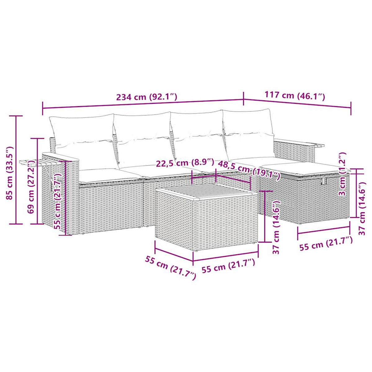 Diagramm eines Rattansofa-Sets mit Abmessungen in cm. Weißer Hintergrund.