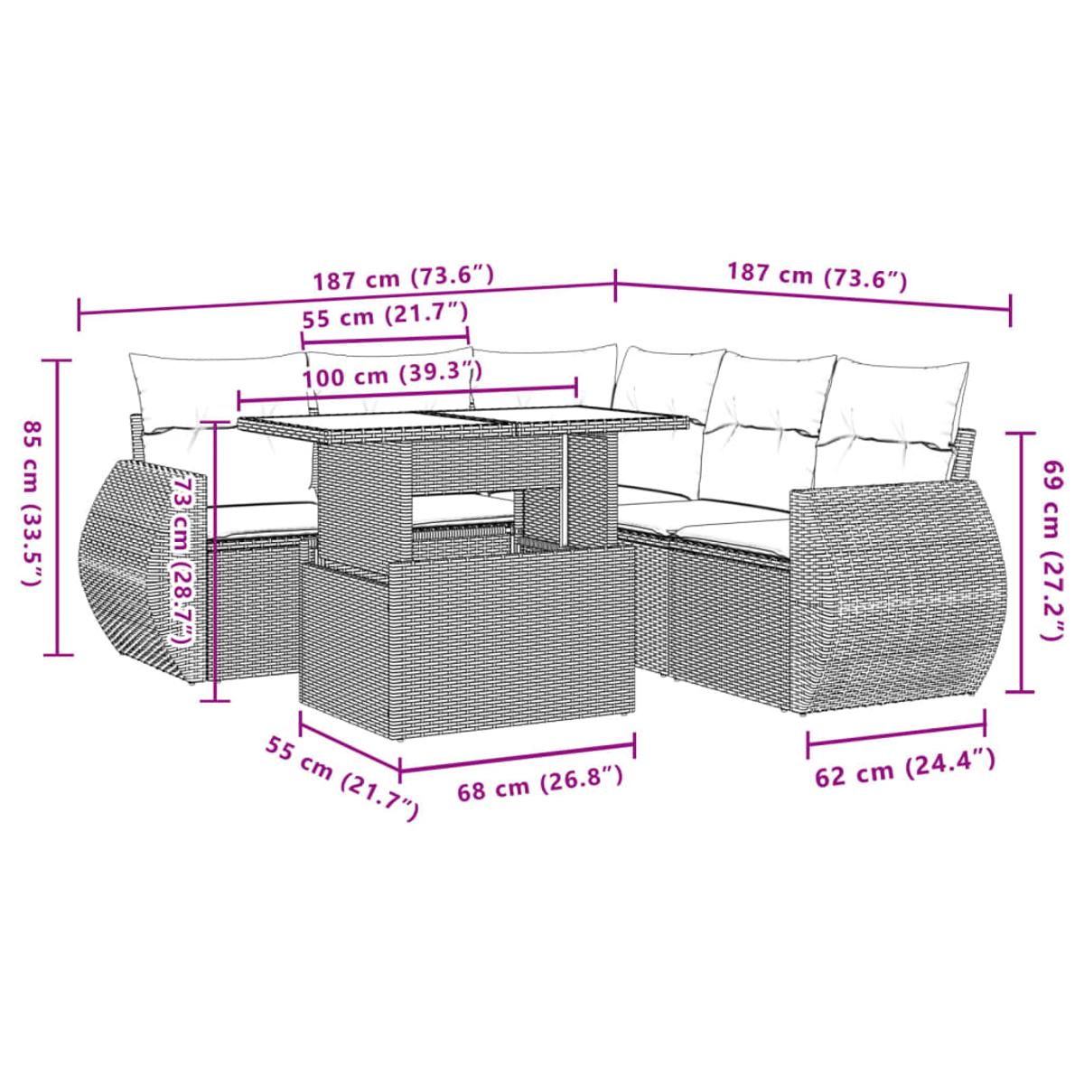 Rattansofa-Set mit Tisch, Abmessungen in cm. Weißer Hintergrund.