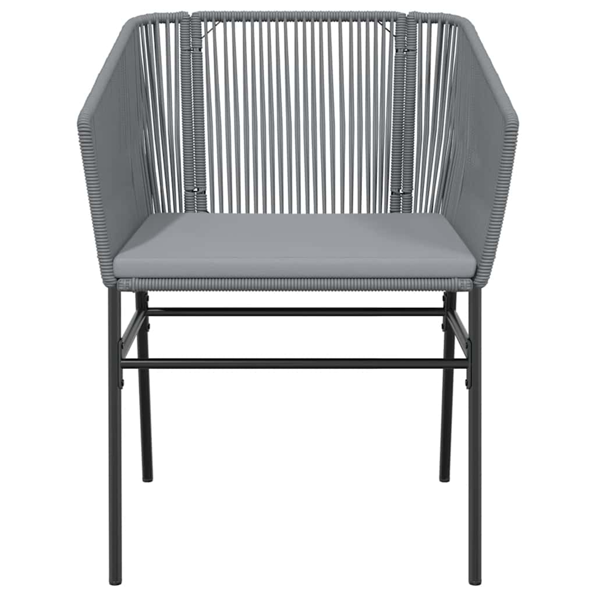 Moderner grauer Stuhl mit grauem Kissen und schwarzem Metallrahmen.