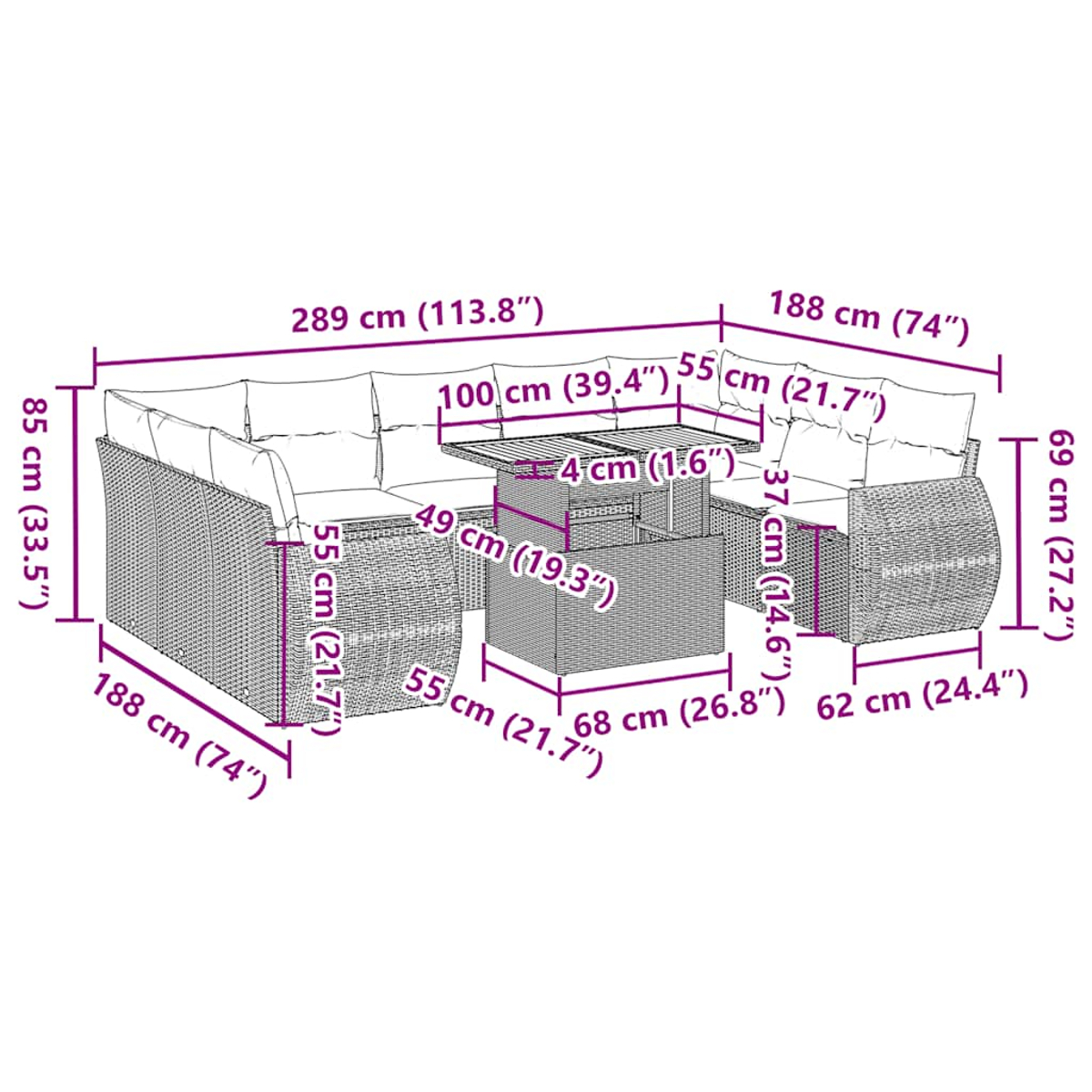Set divani in rattan da esterno con dimensioni etichettate in bianco.