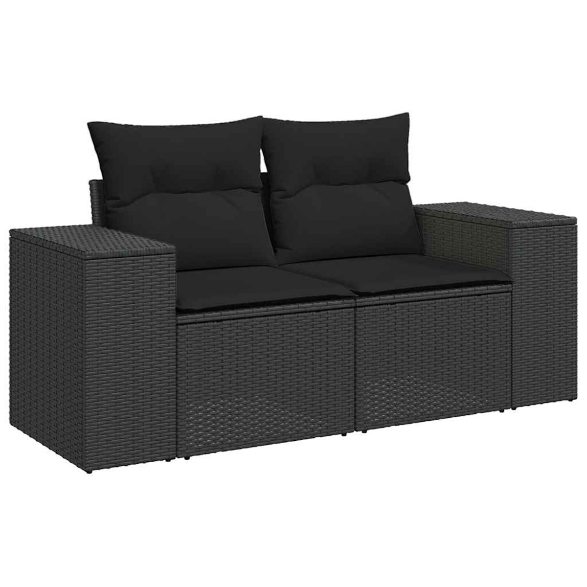 Divano in rattan nero con cuscini neri, due posti.