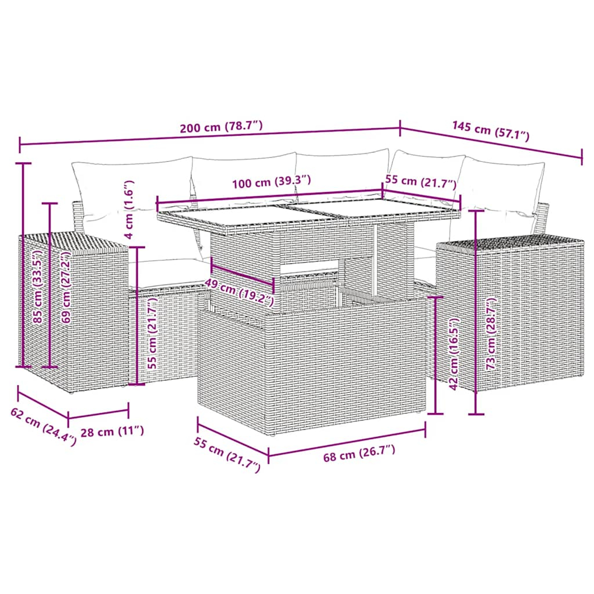 Rattansofa-Set mit weiß beschrifteten Abmessungen.