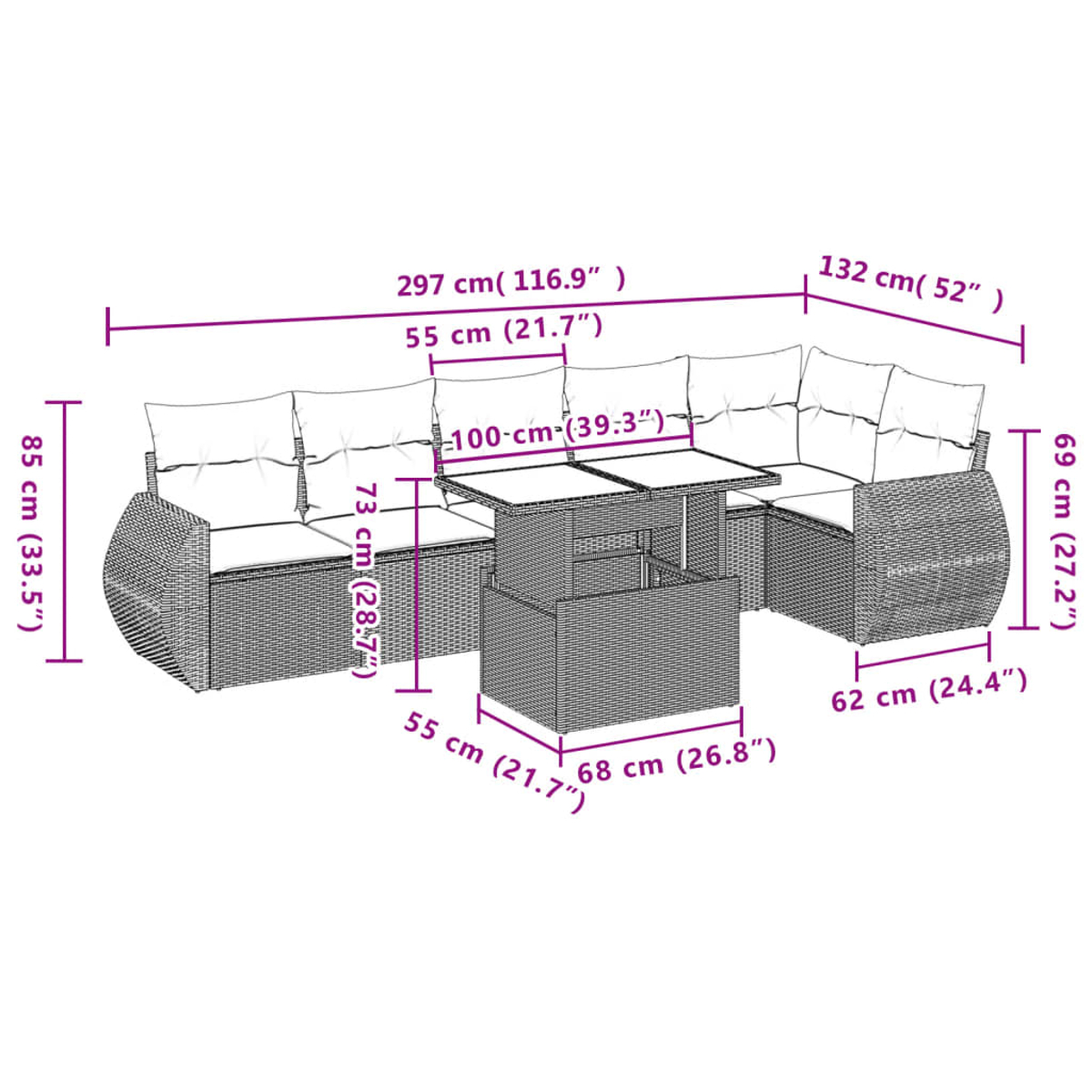 Rattansofa-Set mit weiß beschrifteten Abmessungen.