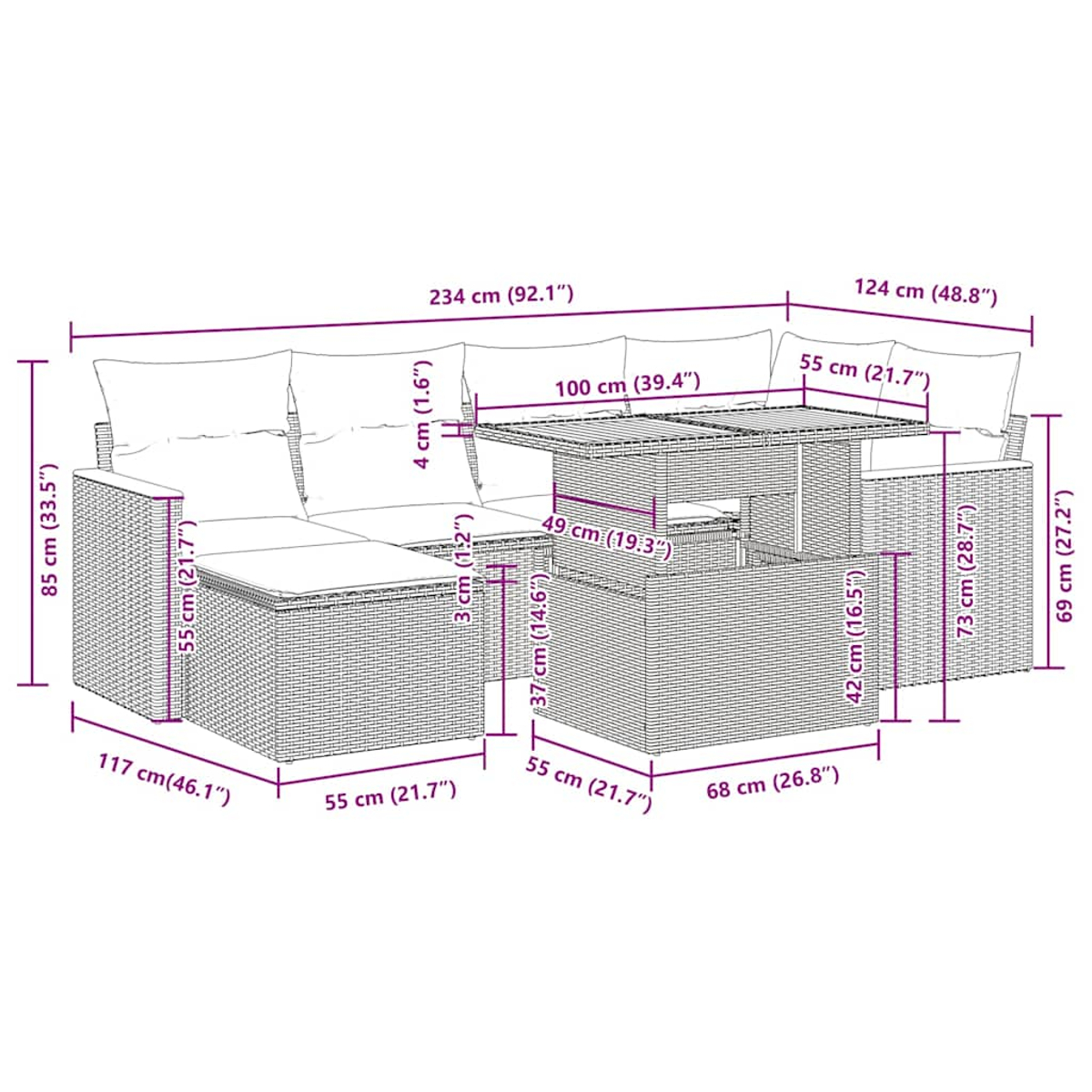 Un diagramma mostra un divano componibile e un tavolo in vimini con dimensioni in cm.