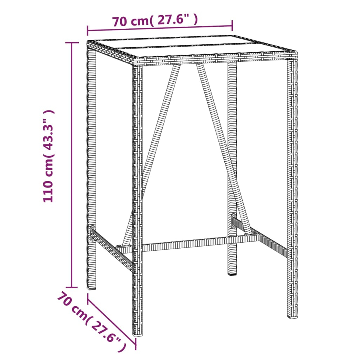 Ein hoher Bartisch mit Maßen. Der Tisch besteht aus gewebtem Material.