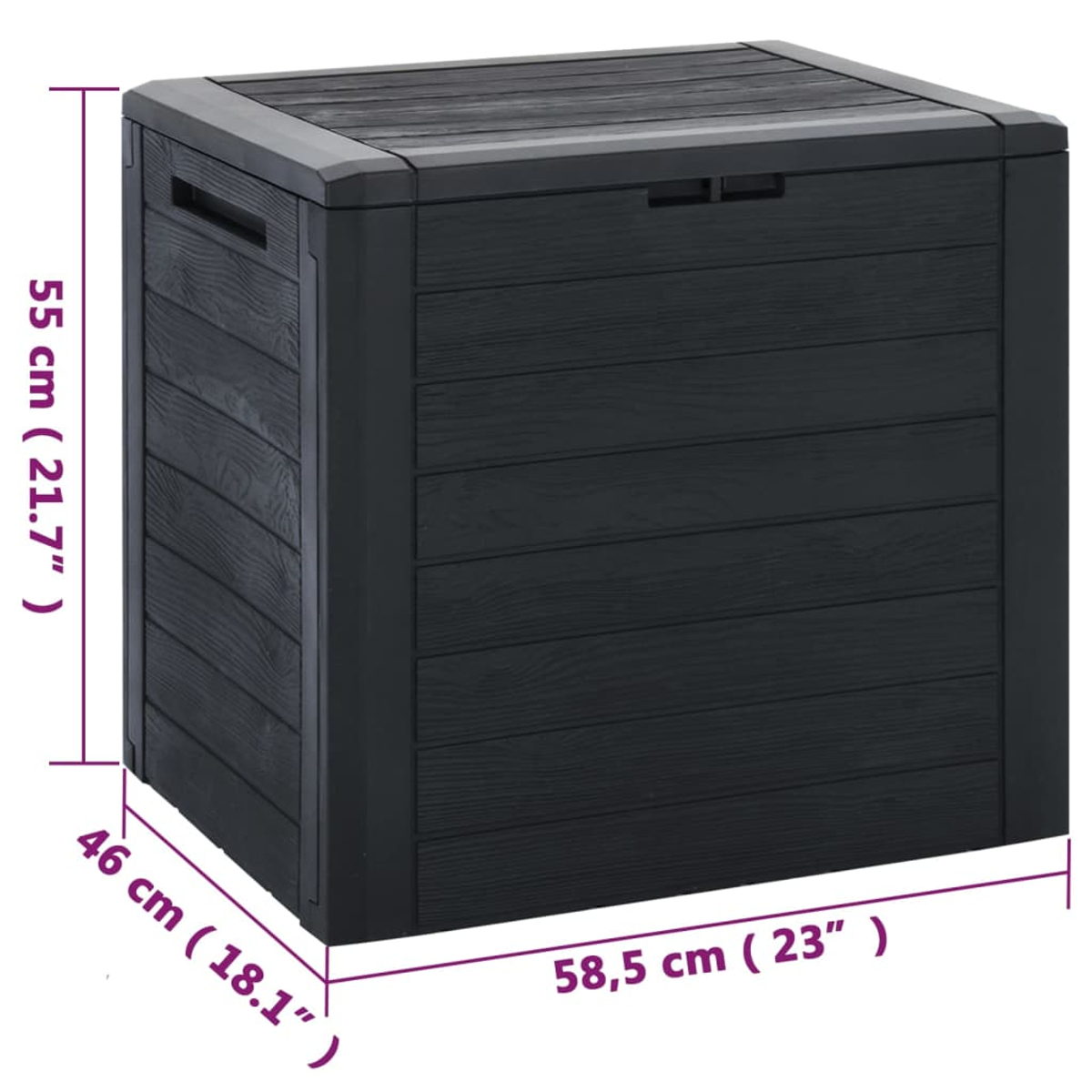 Eine schwarze Aufbewahrungsbox mit Maßen. Sie hat eine Holzstruktur.