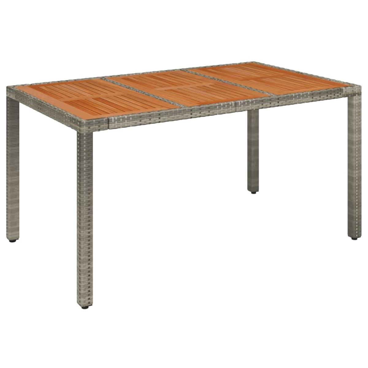 Holz-Esstisch für draußen mit grauem Rahmen und Holzplatte. Der Tisch ist leer.