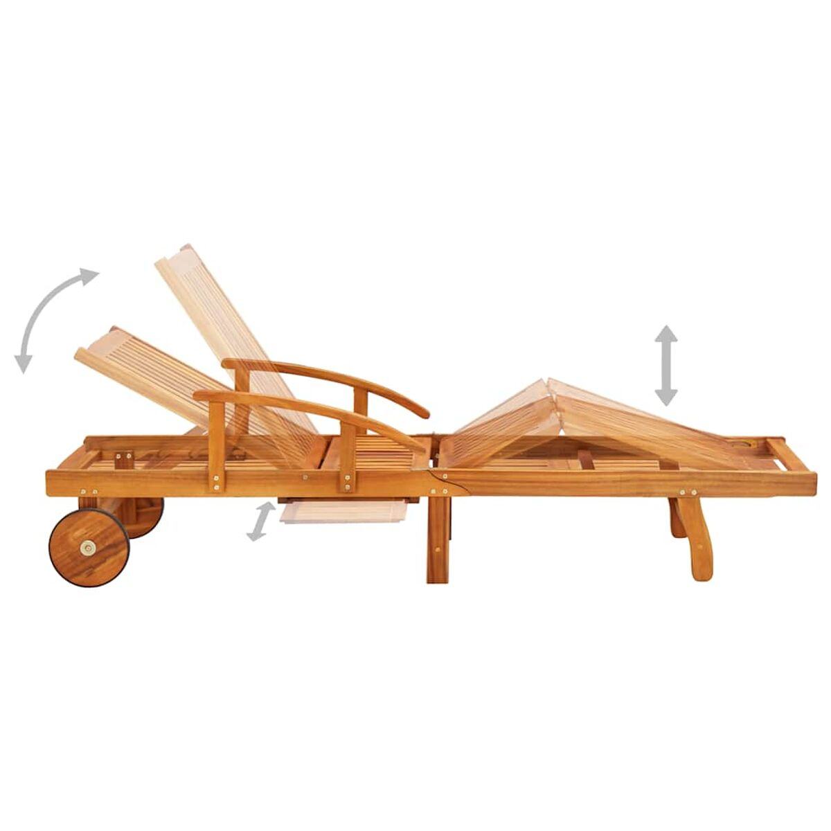 Sonnenliege aus Holz mit verstellbarer Rückenlehne und Rädern. Pfeile zeigen die Verstellrichtungen an.
