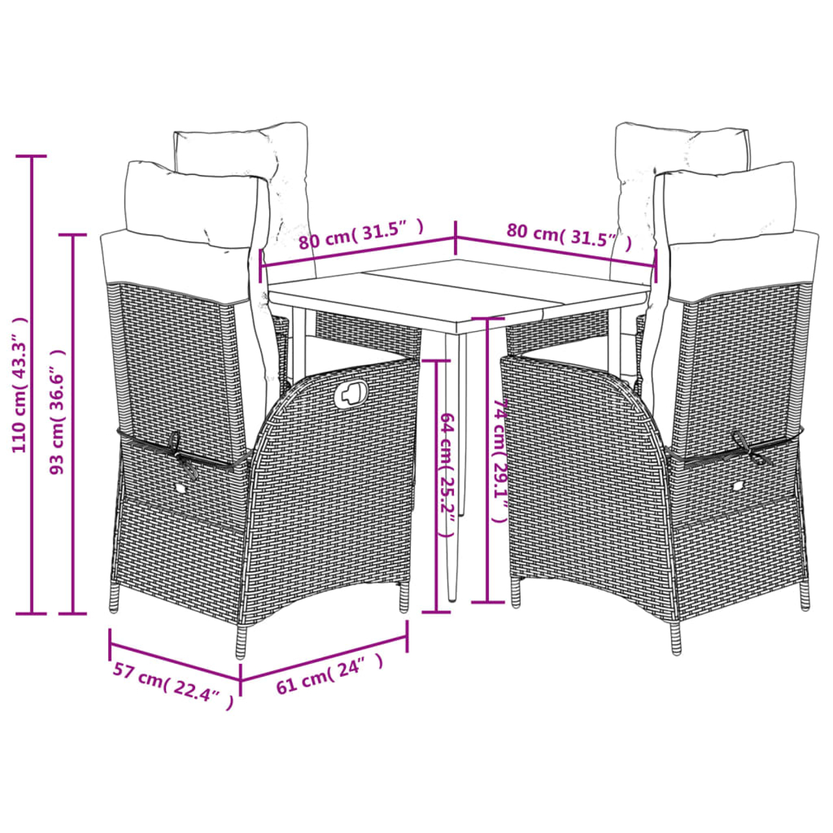 Un set da pranzo in rattan per esterni con dimensioni etichettate.