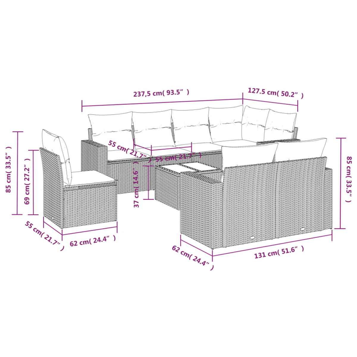 Diagramm eines Ecksofas und eines Couchtisches mit Abmessungen in cm.