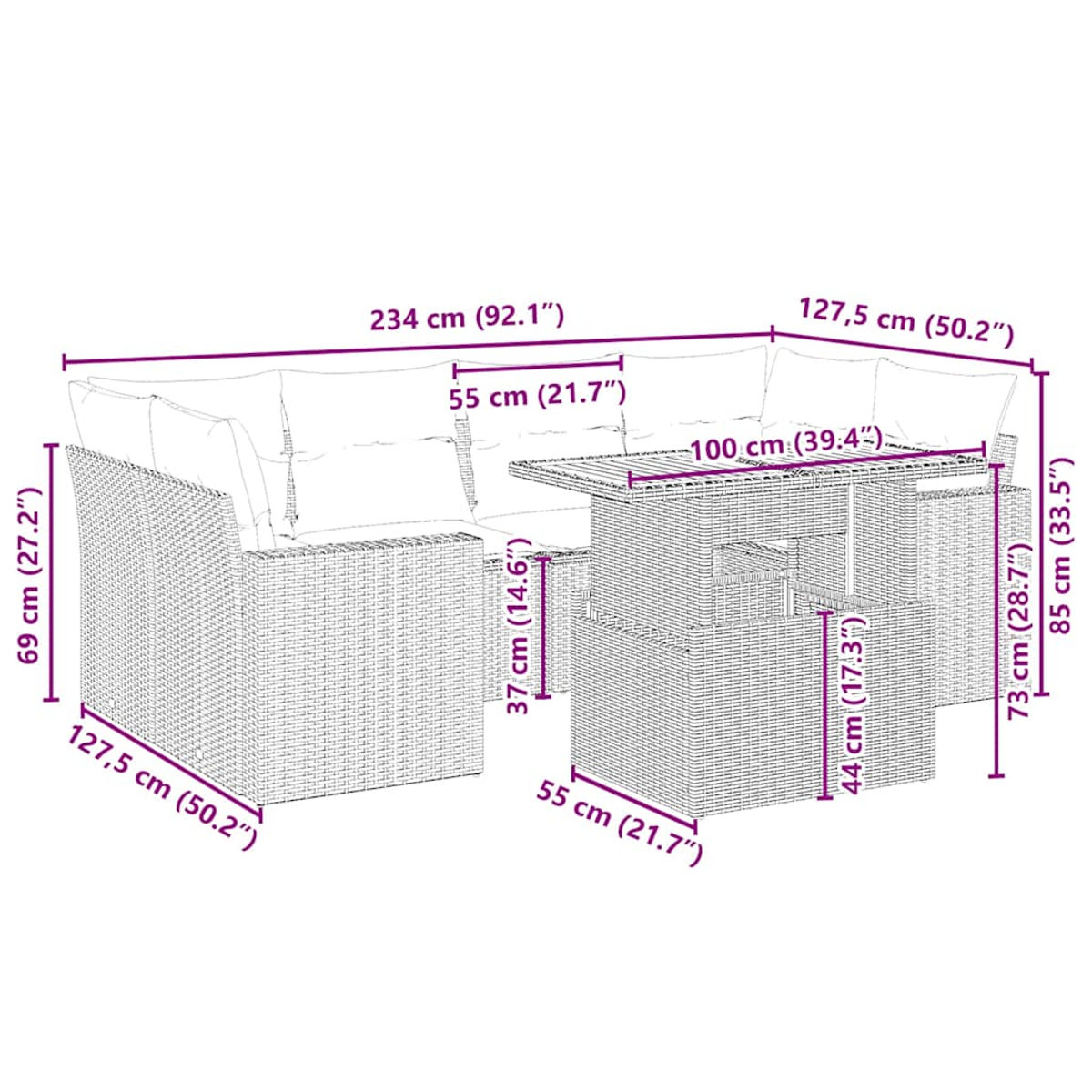 Diagramma di un divano componibile e un tavolo, che mostra le dimensioni in cm.