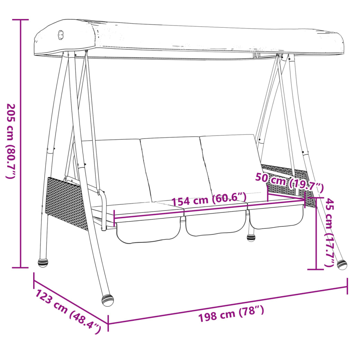Diagramm einer braunen Baldachin-Schaukel mit Abmessungen in cm (Zoll).