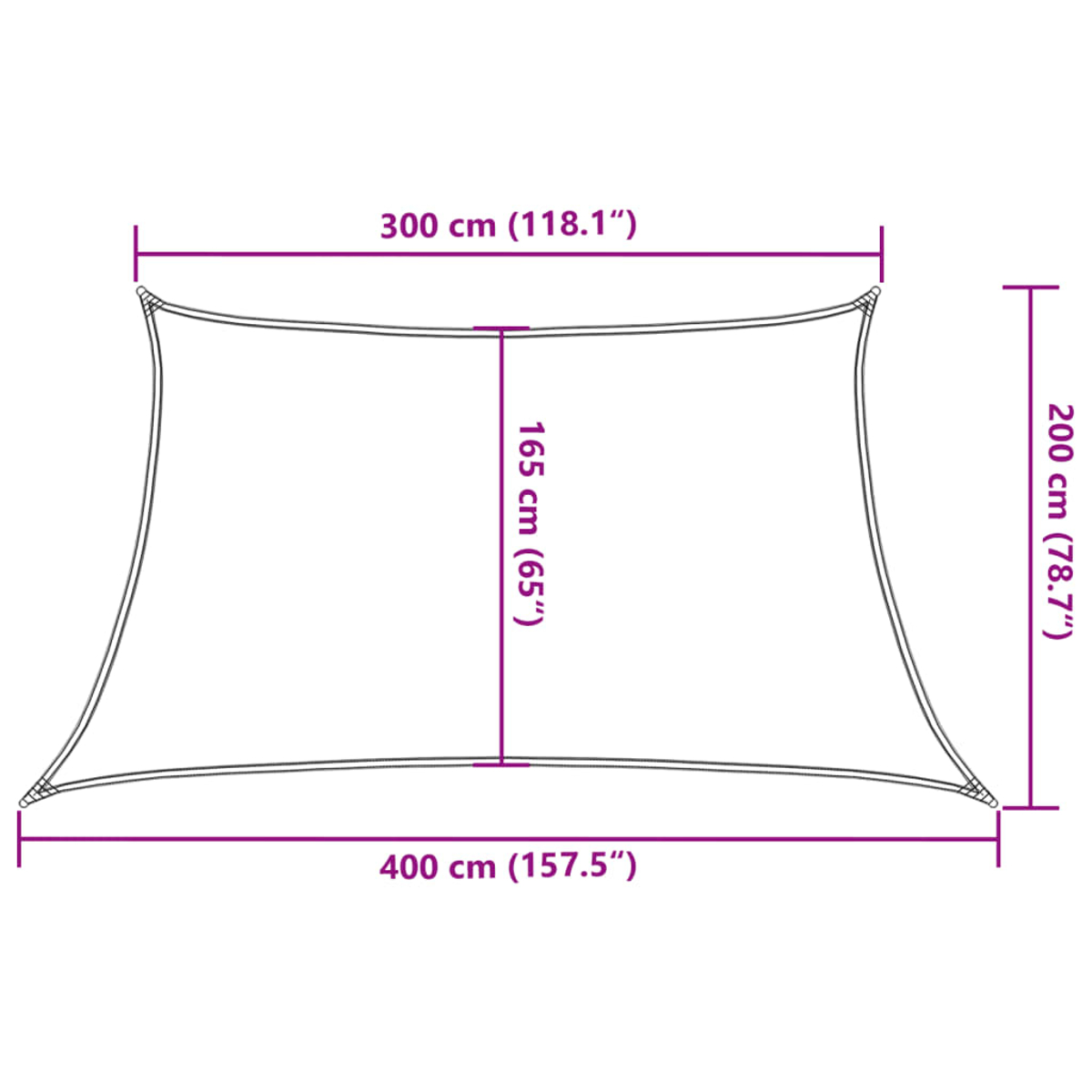Diagramm eines quadratischen Sonnenschirms mit Abmessungen in cm und Zoll.
