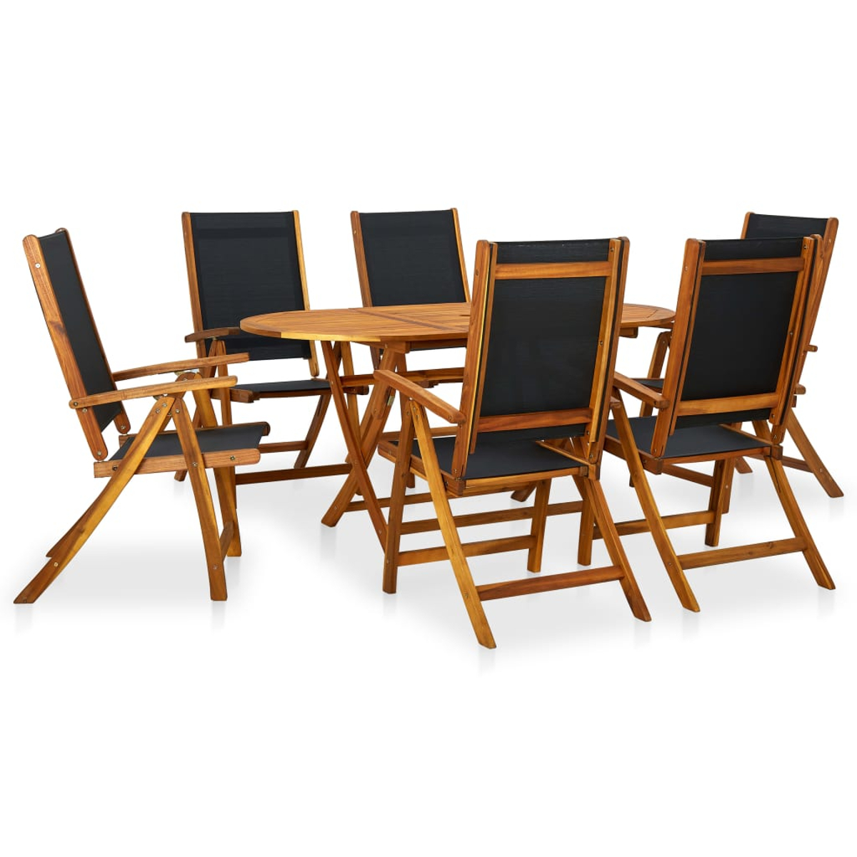 Holztisch und Stühle-Set. Die Stühle haben schwarzen Stoff. Das Set steht auf weißem Hintergrund.
