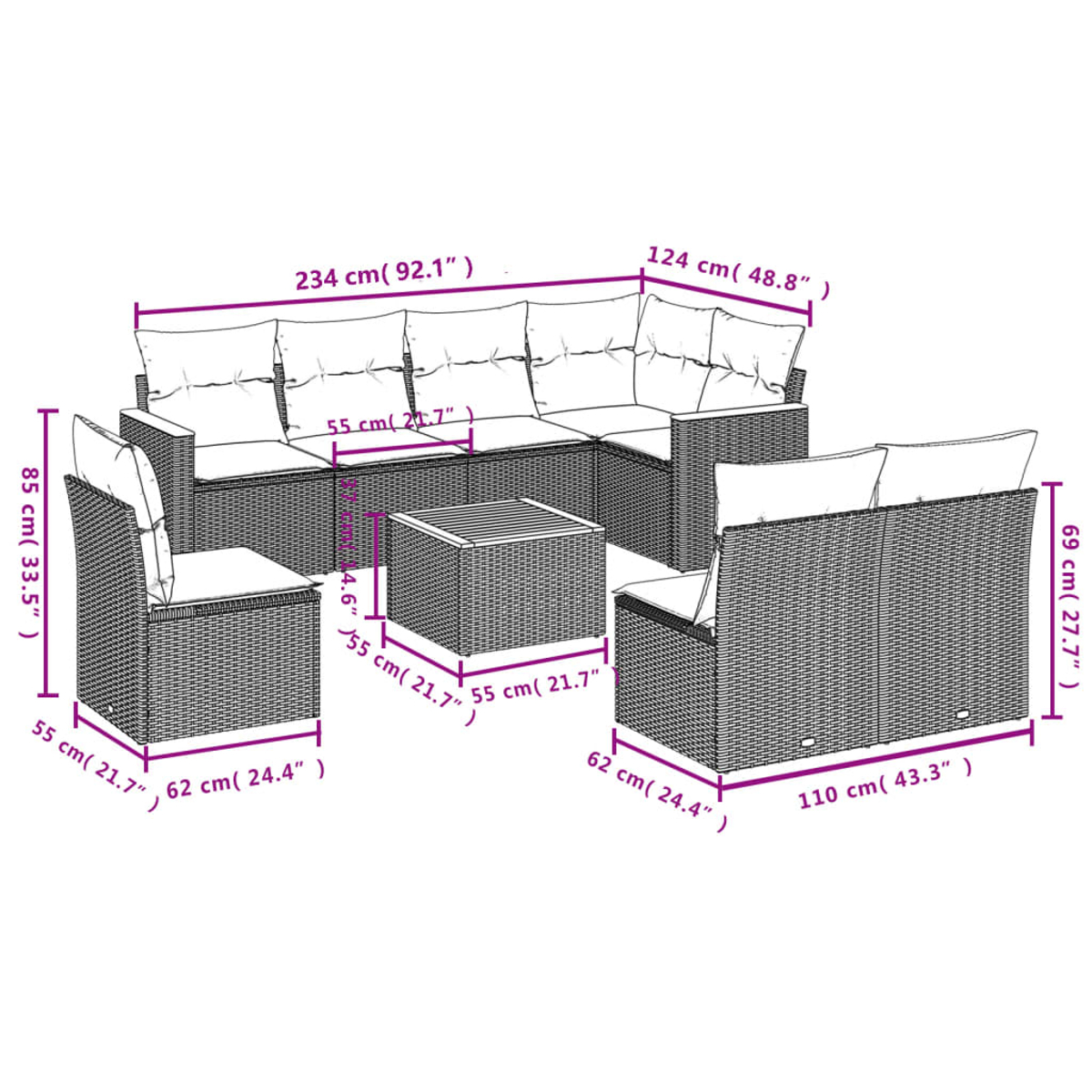 Ecksofa im Freien mit schwarzem Korbgeflecht und schwarzen Kissen auf einer Terrasse.