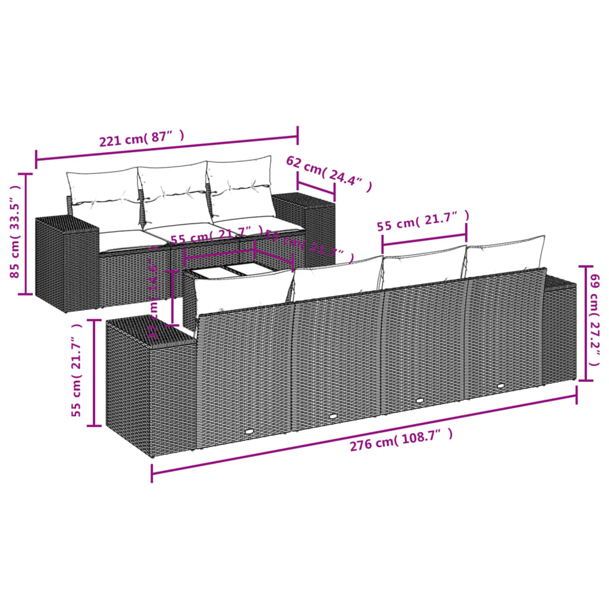 Un grande divano da esterno con dimensioni. Ha cuscini e un design intrecciato.