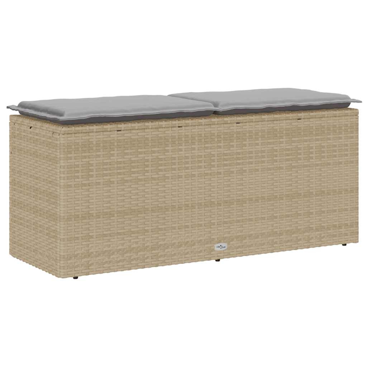Una panca contenitore beige da esterno con due cuscini grigi sopra.