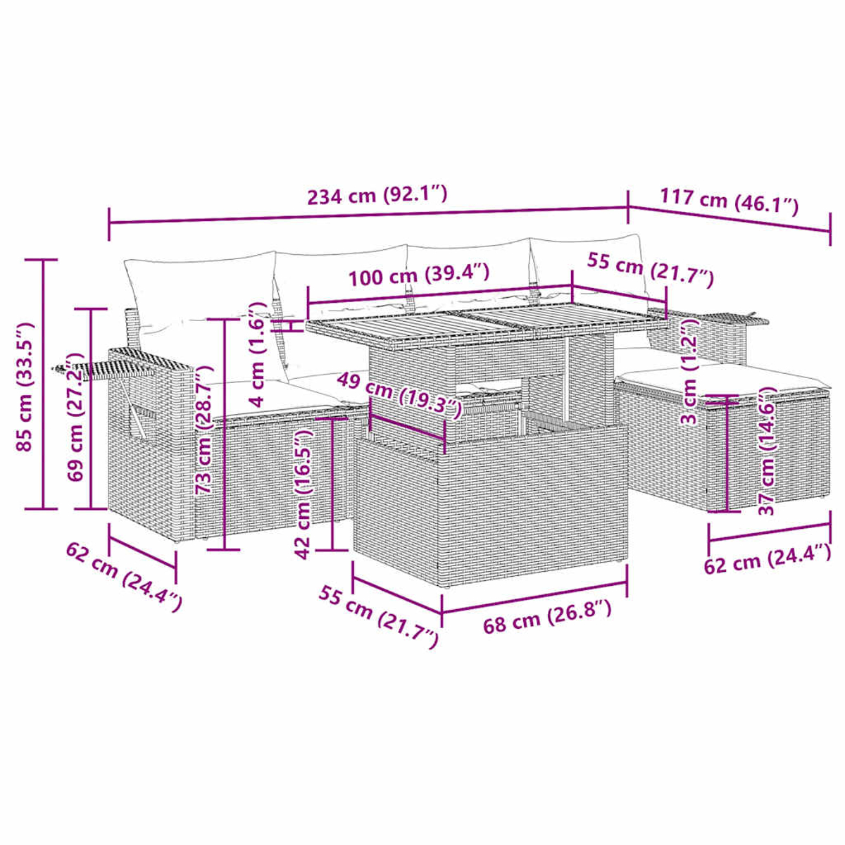 Diagramma con dimensioni di un divano componibile da esterno in rattan nero e un tavolo. Le misure sono in cm e pollici.