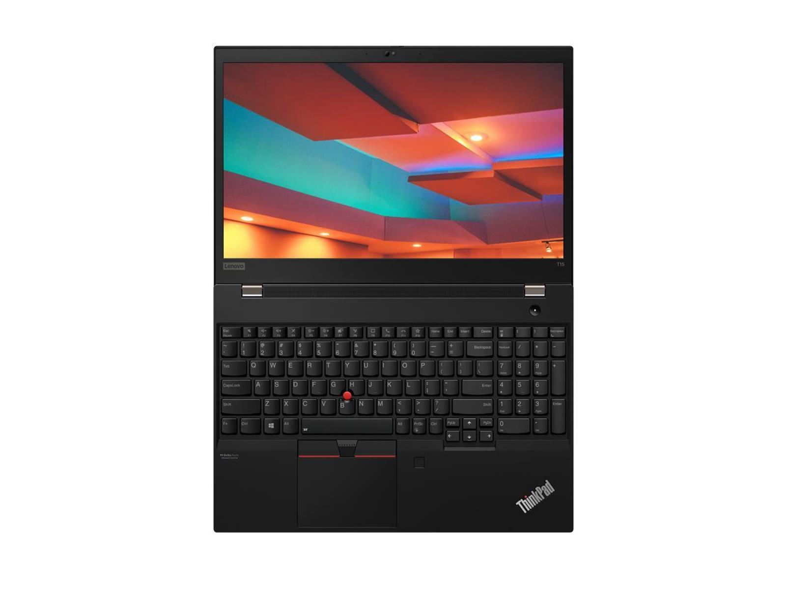 Schwarzes ThinkPad-Laptop, geöffnet, mit Tastatur und Bildschirm, der ein farbenfrohes abstraktes Bild anzeigt.