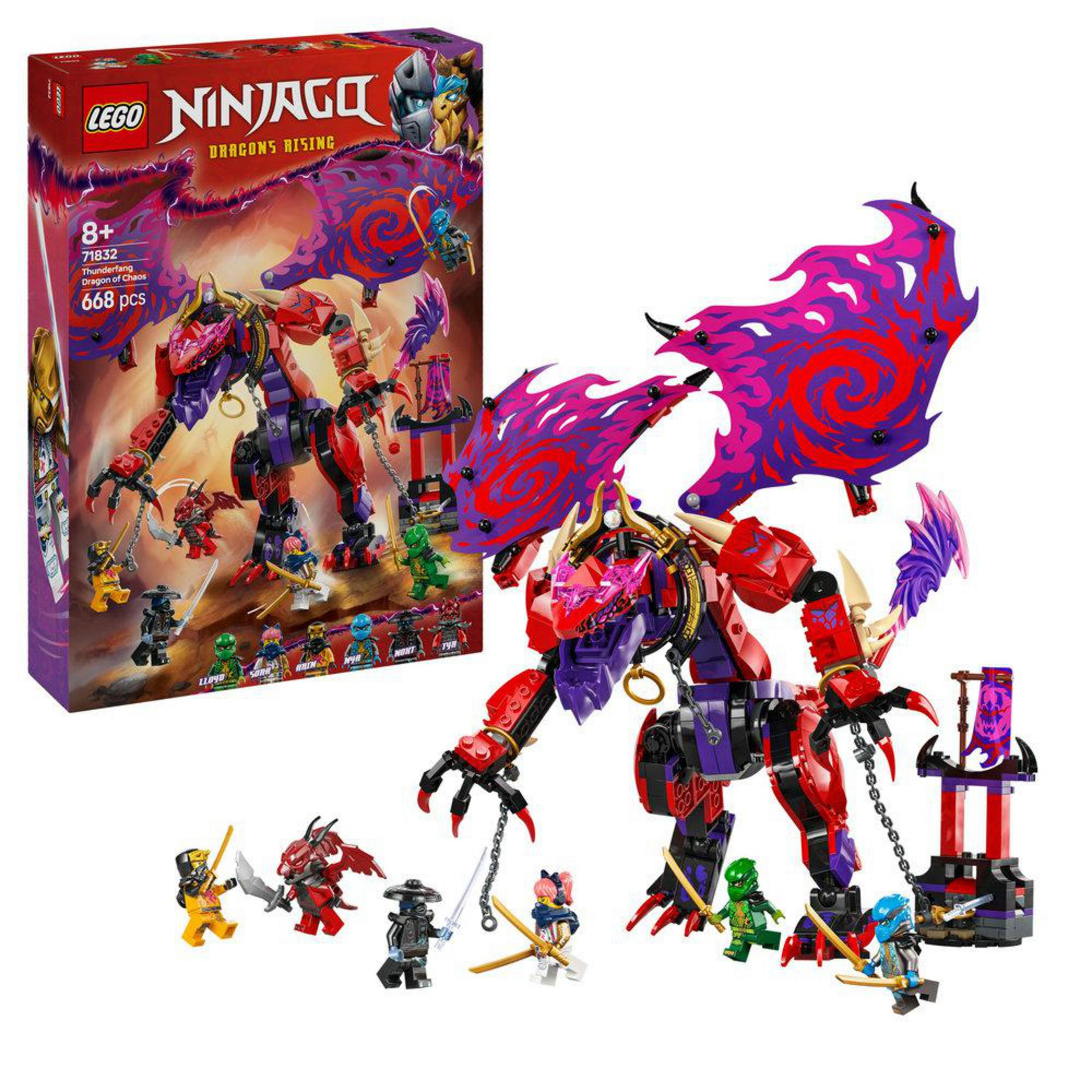 Caja del set LEGO Ninjago con un dragón y figuras. Predominan los colores rojo, morado y negro.