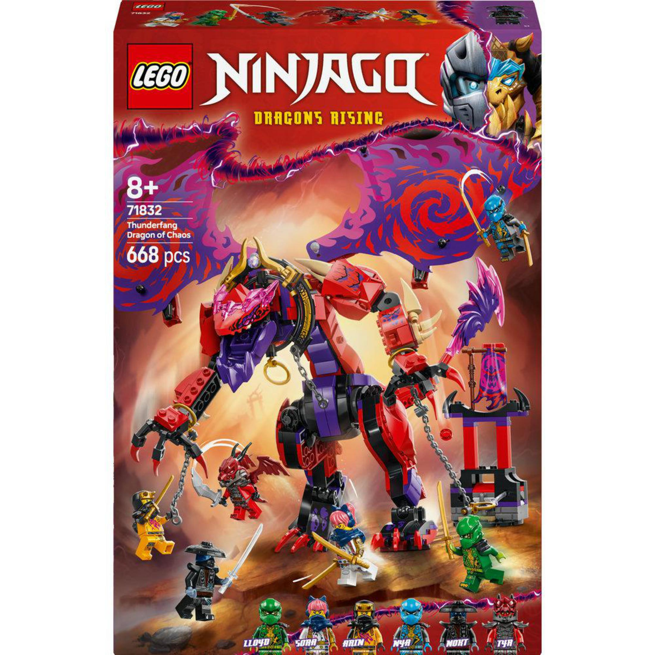 Caja del set Lego Ninjago con dragón y figuras ninja, representando una escena de batalla.
