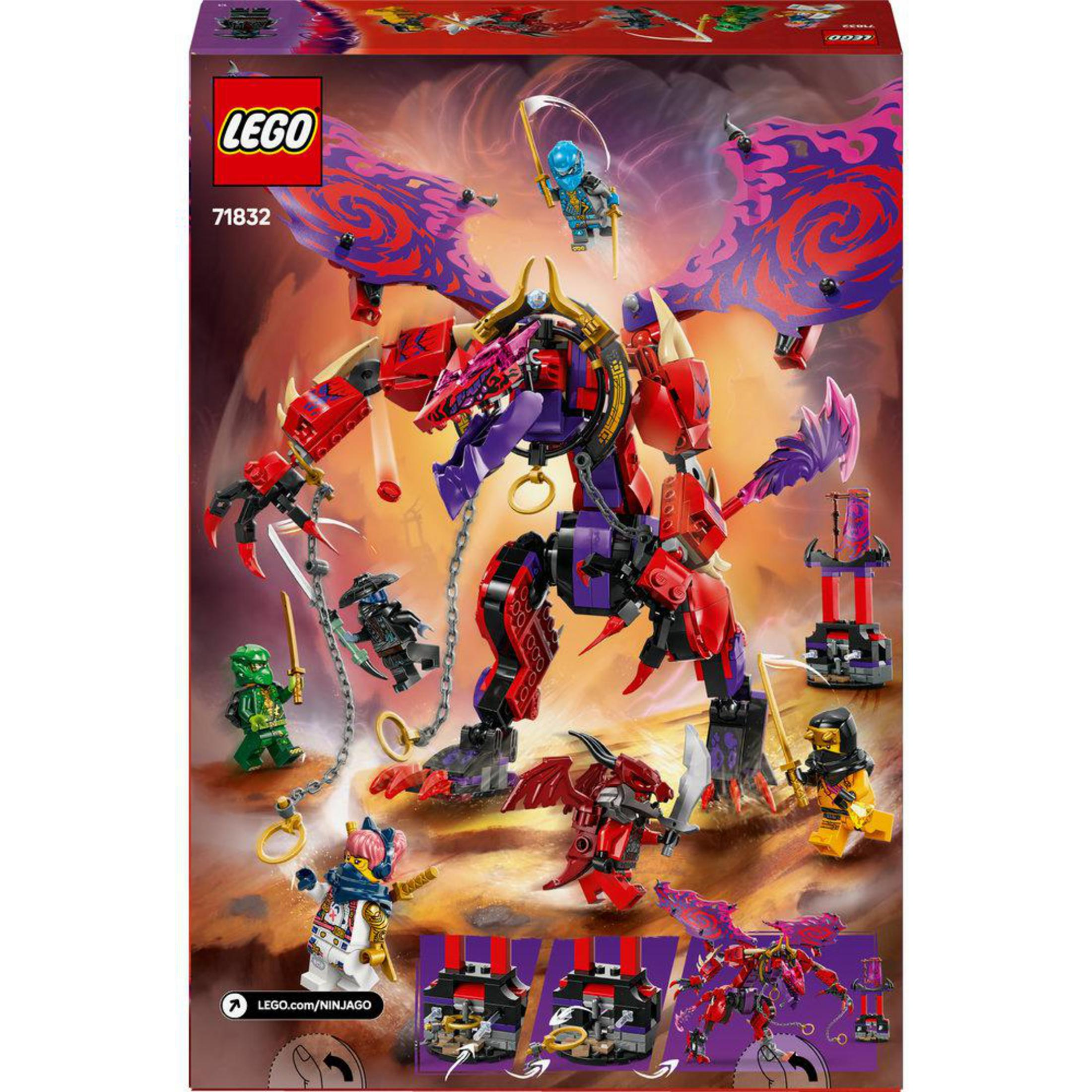 Caja del set LEGO Ninjago con un dragón y figuras. Predominan los colores rojo, morado y negro.