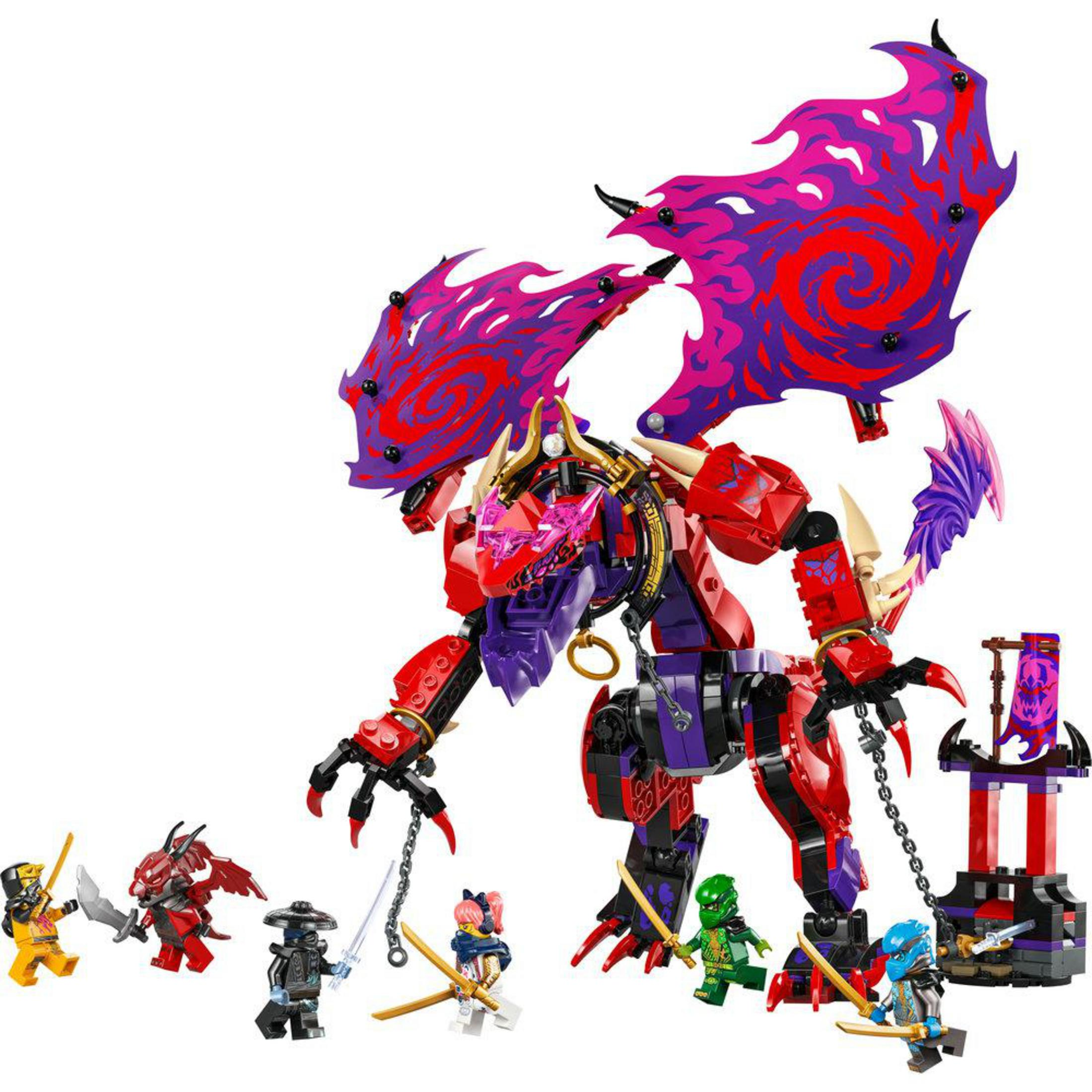 Set LEGO Ninjago con una gran figura de dragón y varias figuras de ninja. Colores rojo, morado y negro.