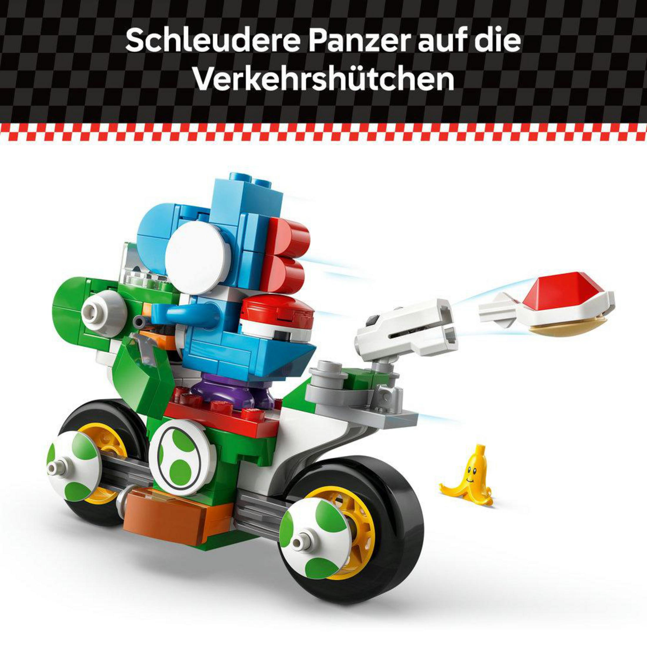 Lego Super Mario-figuur op een groene motor. Witte achtergrond.