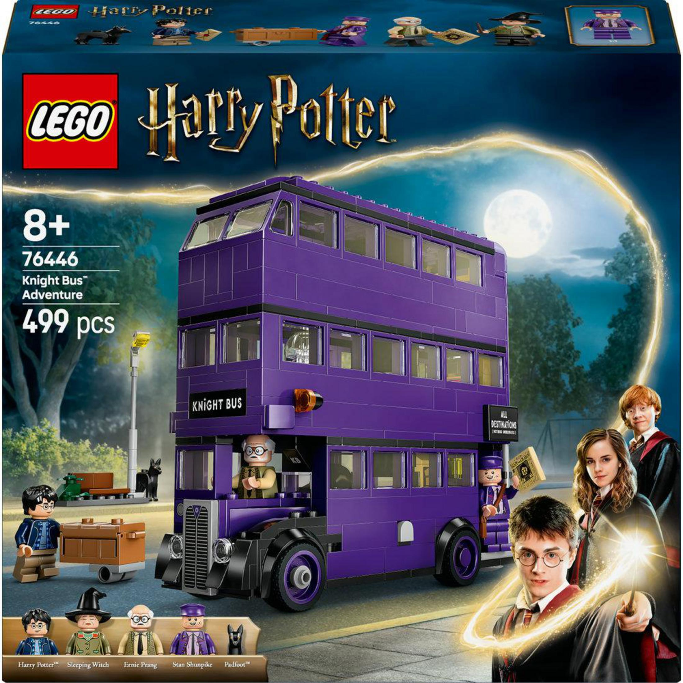 Pudełko zestawu Lego Harry Potter z fioletowym piętrowym autobusem. Białe tło.