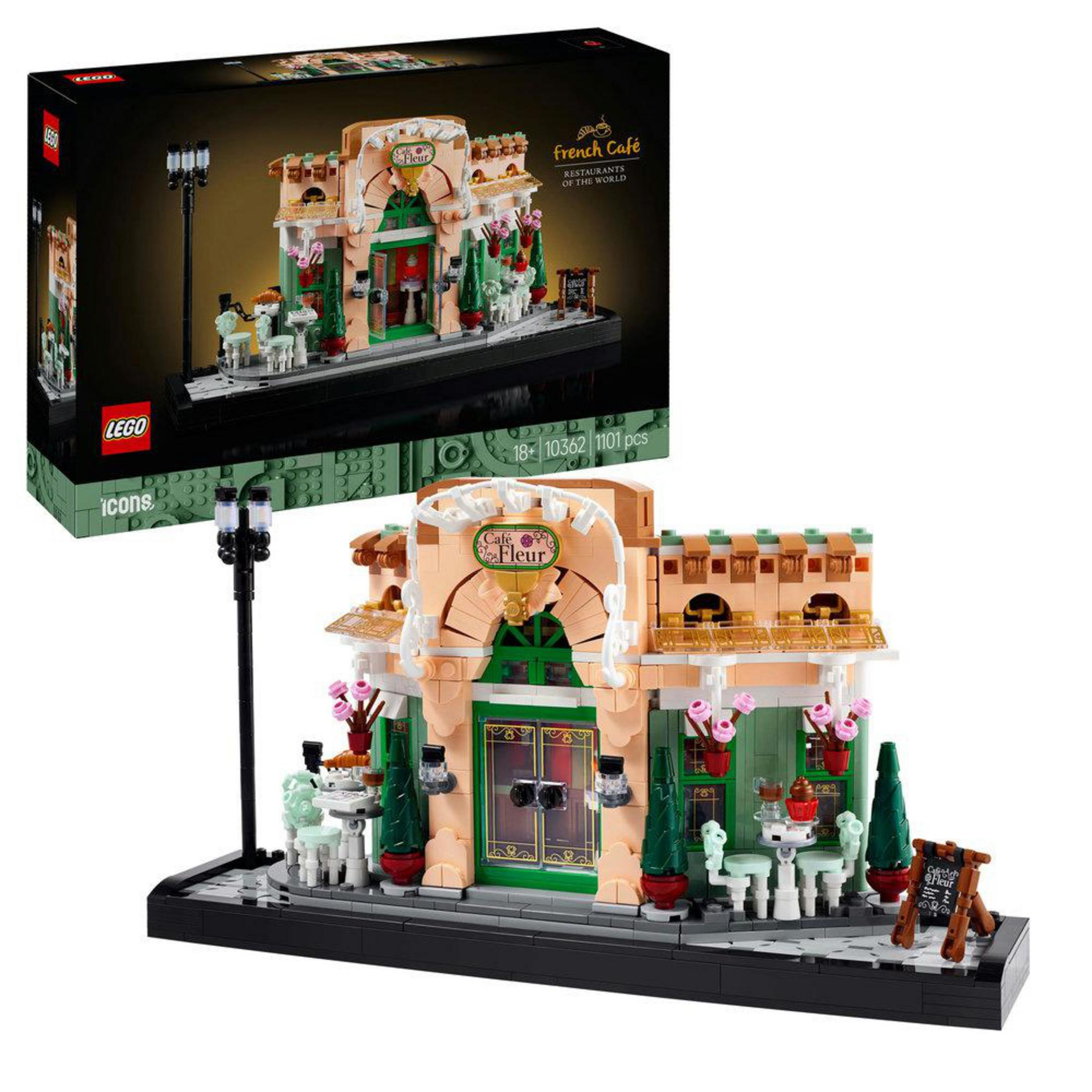 Un set Lego French Cafe. Una caja negra está en la esquina superior izquierda con el modelo y una farola.