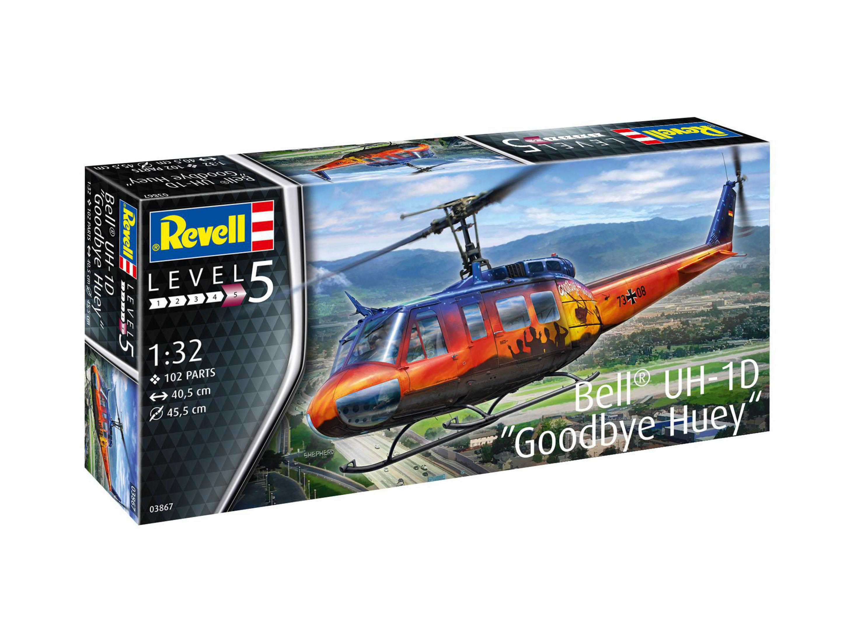 Revell Bell UH-1D Hubschraubermodellbox. Level 5, 1:32 Maßstab, farbenfrohe Kunstwerke auf der Box.