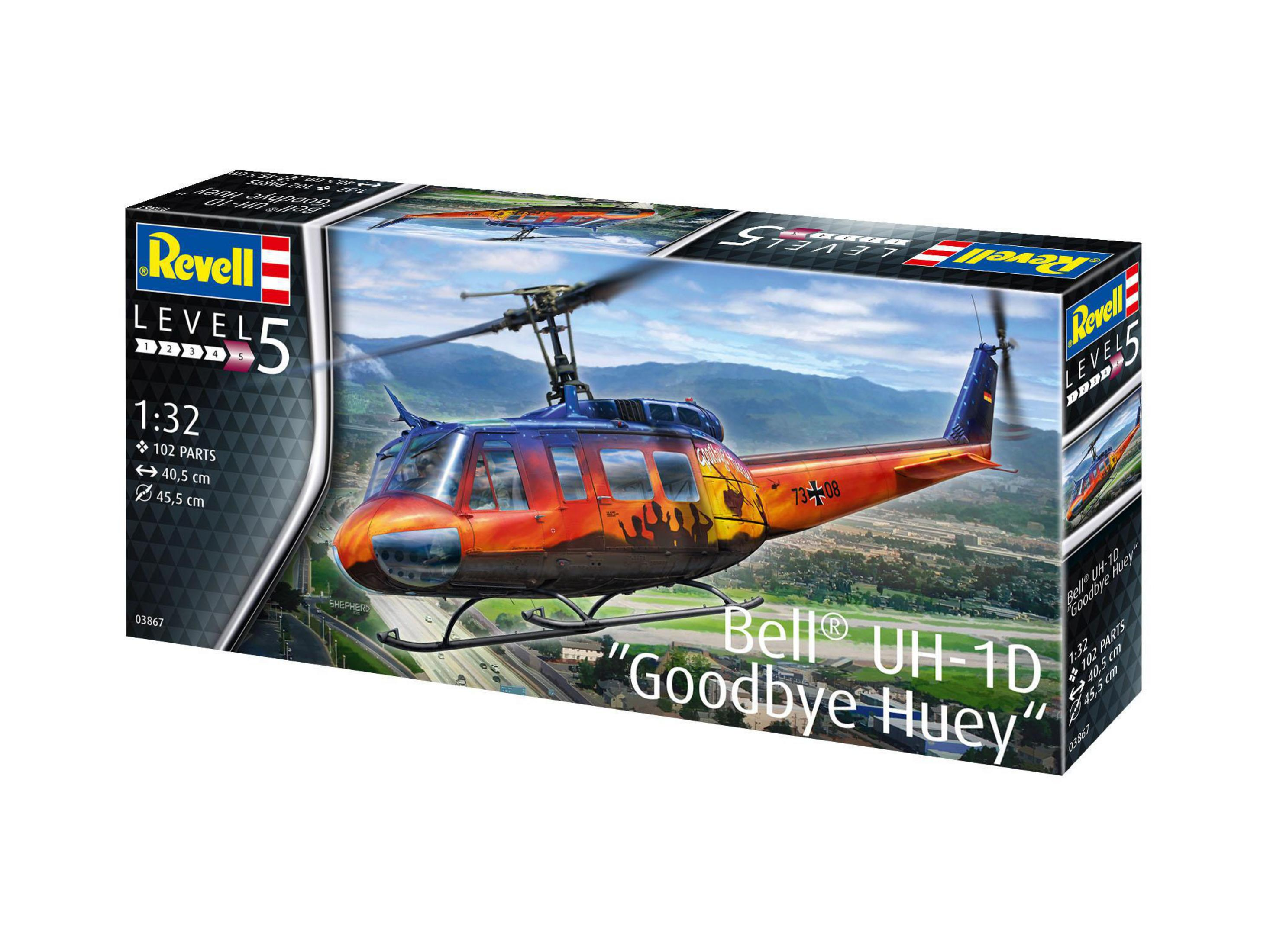 Revell Bell UH-1D Hubschraubermodellbox. Level 5, 1:32 Maßstab, farbenfrohe Kunstwerke auf der Box.
