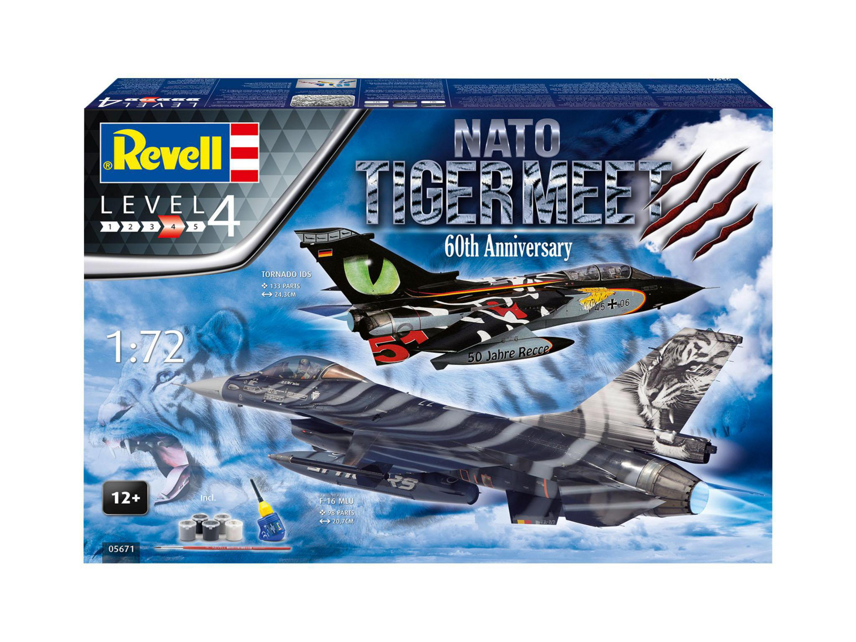 Schachtelkunst von zwei Modell-Kampfjets, einem schwarz-grünen Tornado und einem schwarz-grauen F-16, mit Text.