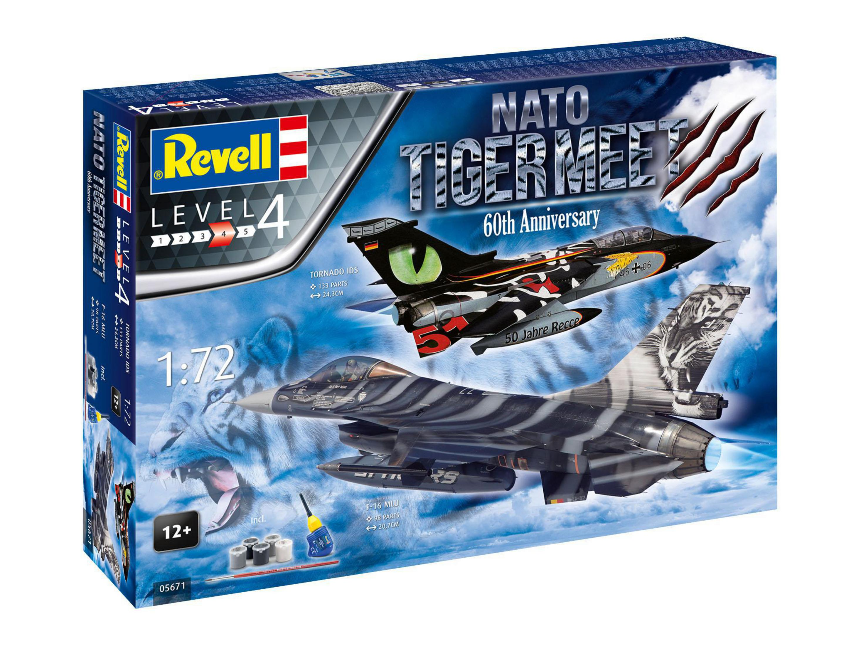 Schachtelkunst von zwei Modell-Kampfjets, einem schwarz-grünen Tornado und einem schwarz-grauen F-16, mit Text.