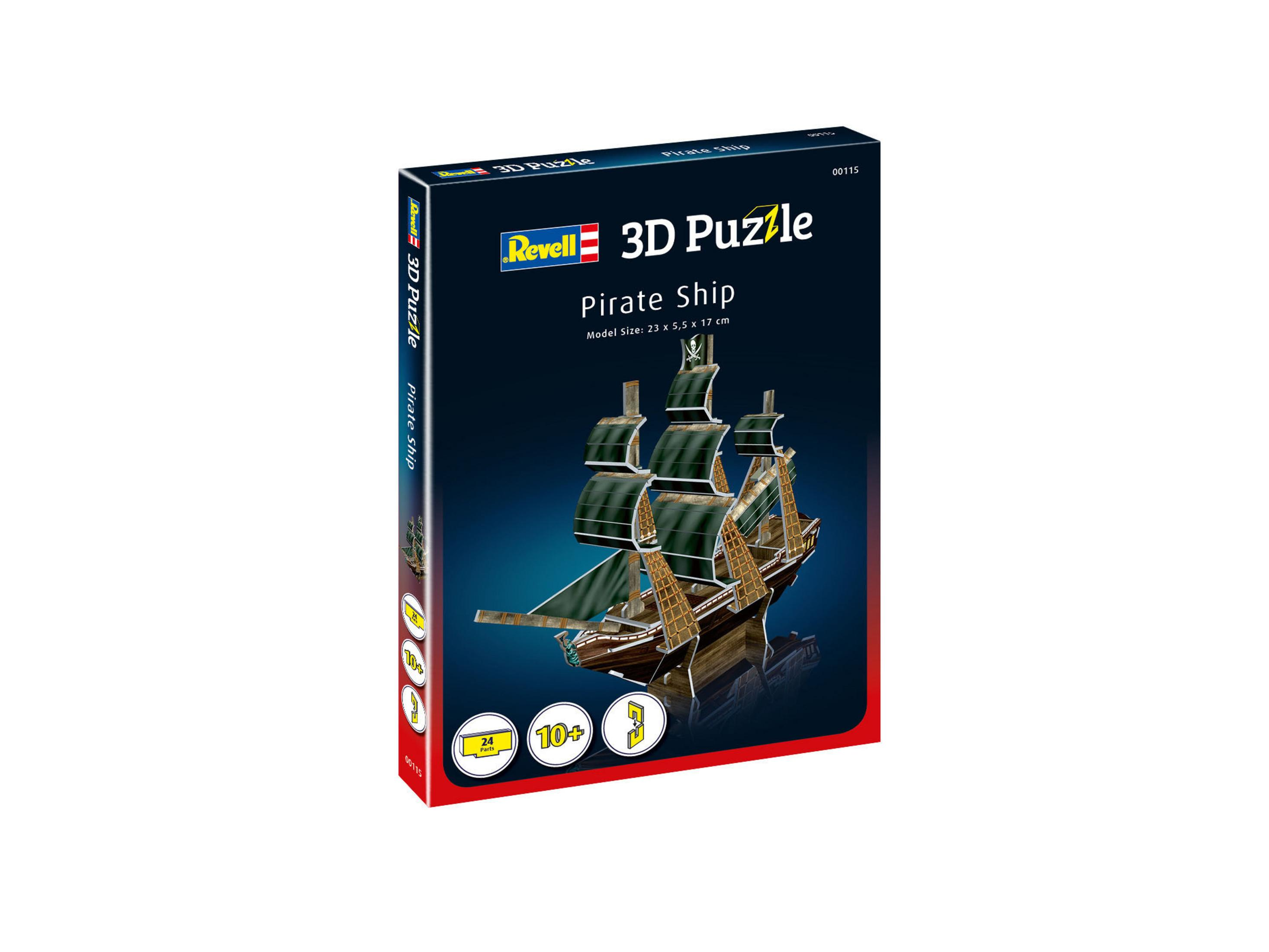Schachtel eines 3D-Puzzles eines Piratenschiffs. Die Schachtel zeigt das Modell und seine Merkmale.