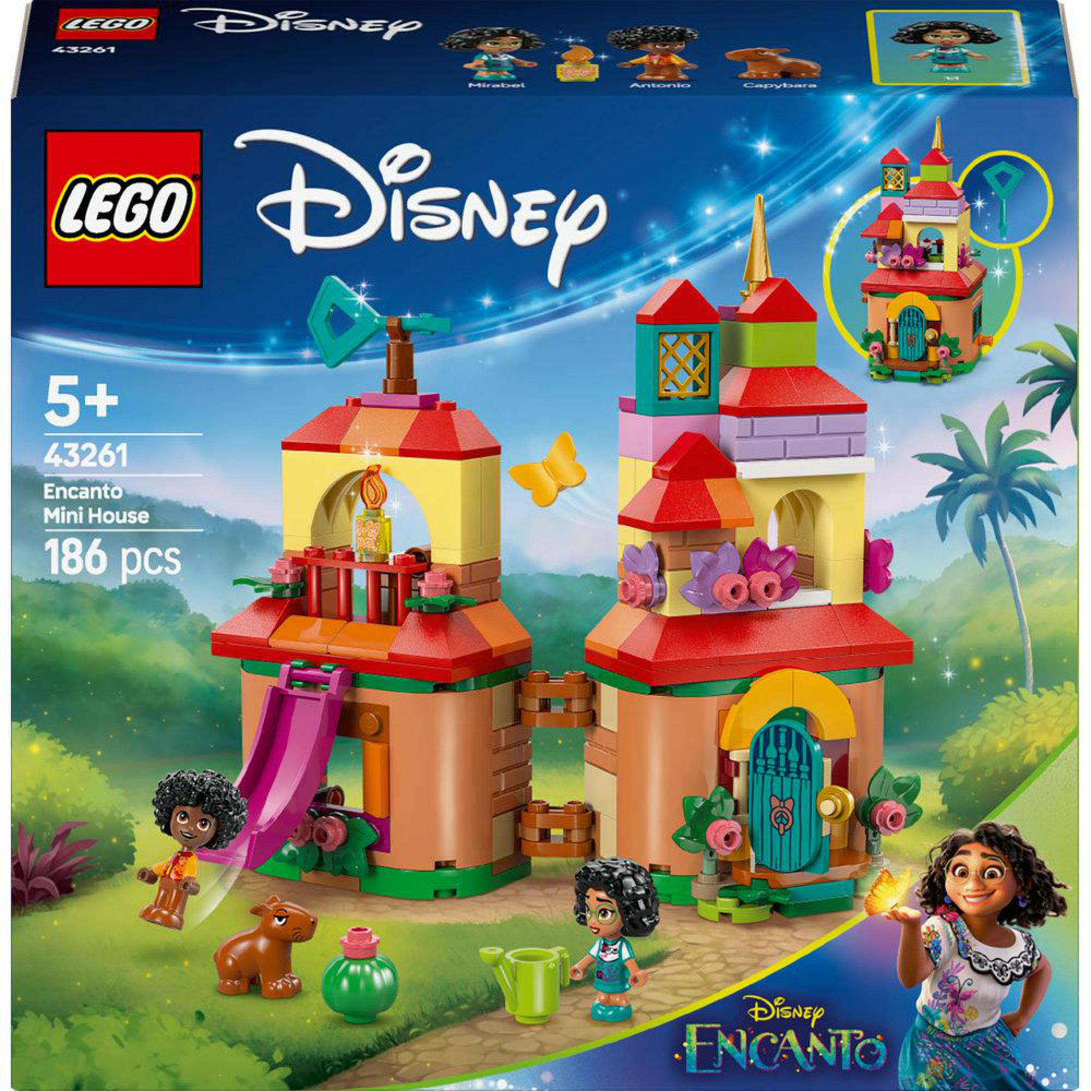 Zestaw LEGO Disney Encanto Mini House z figurkami i kolorowymi konstrukcjami budowlanymi.