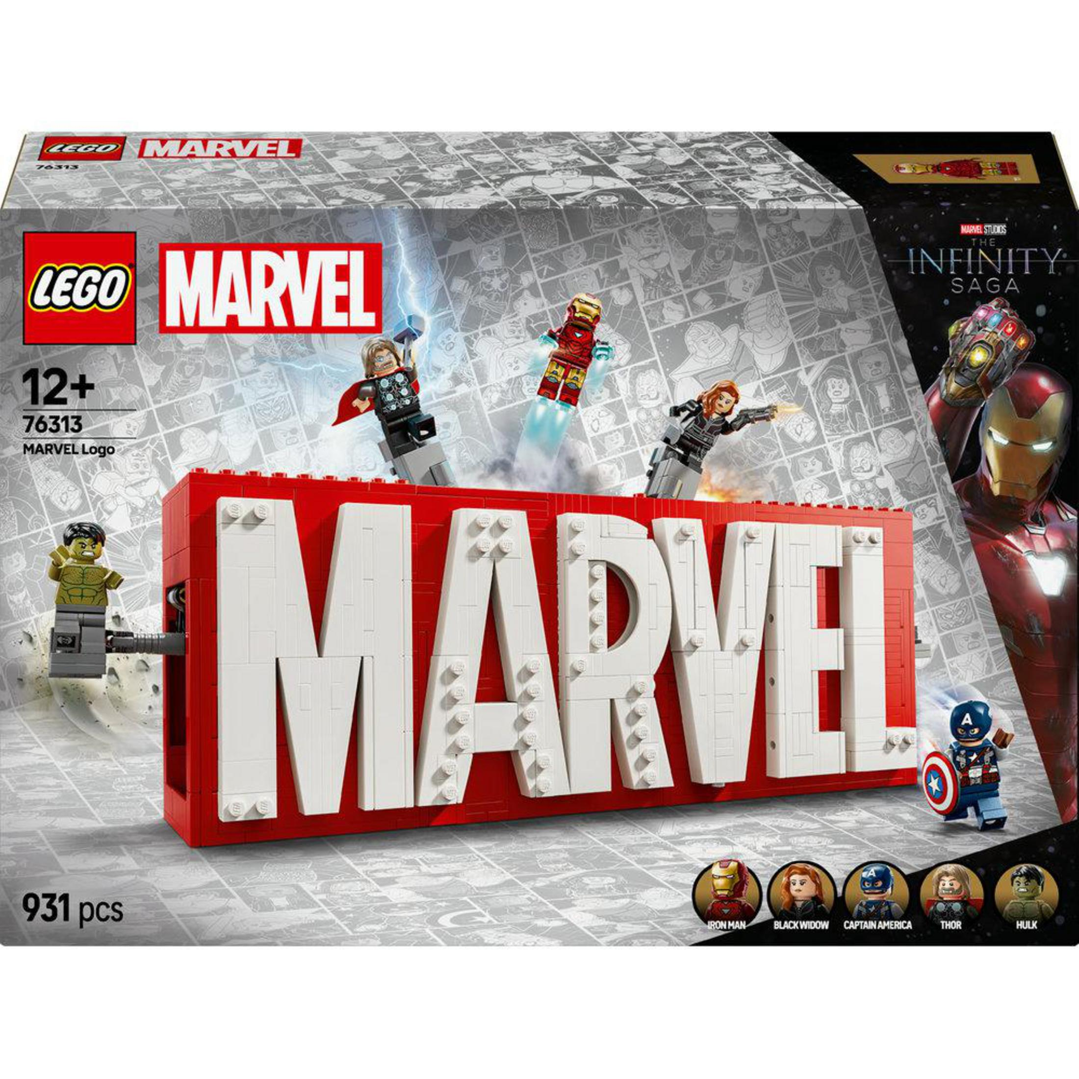 Pudełko zestawu Lego Marvel z kilkoma postaciami Marvela i napisem MARVEL.