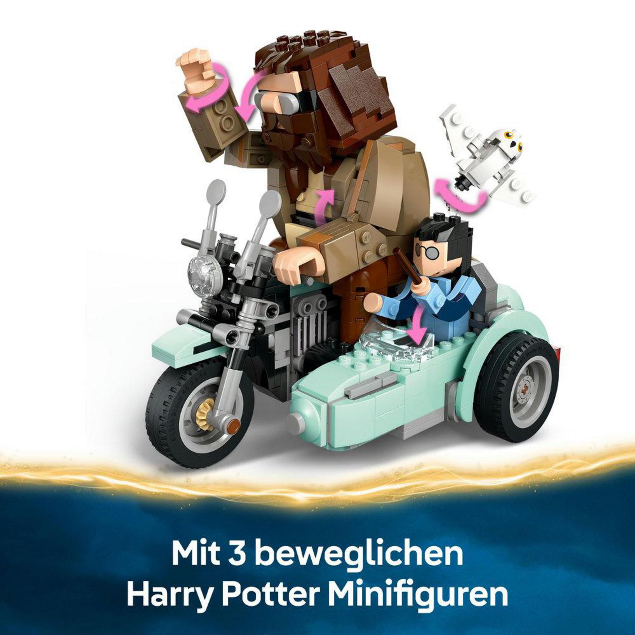 LEGO Harry Potter seti, Hagrid motosiklette, Harry ve bir baykuş ile. Beyaz arka plan, hareket gösteren oklar.