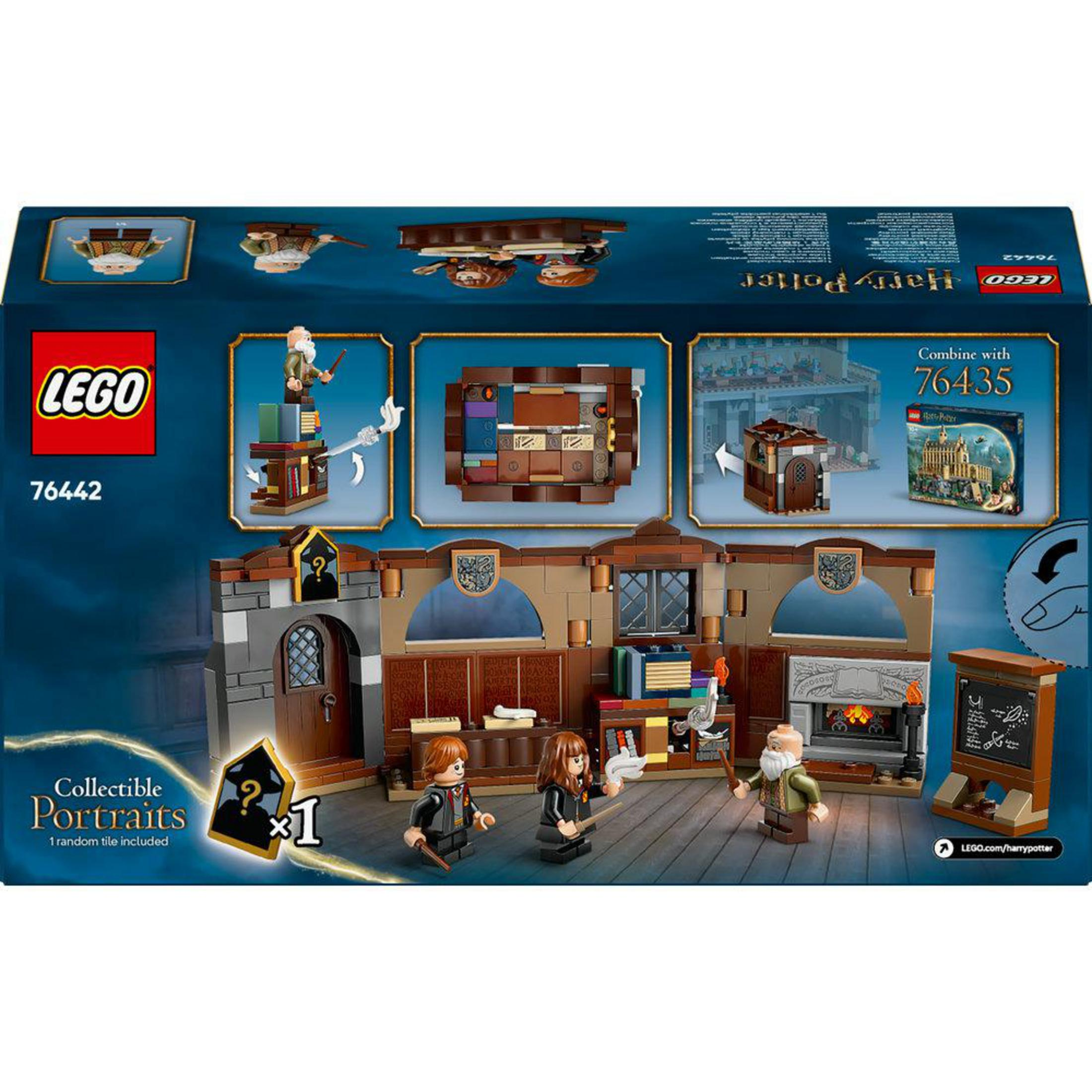 Pudełko zestawu Lego. Pokazuje scenę z klasy z postaciami Harry'ego Pottera, Hermiony, Rona.