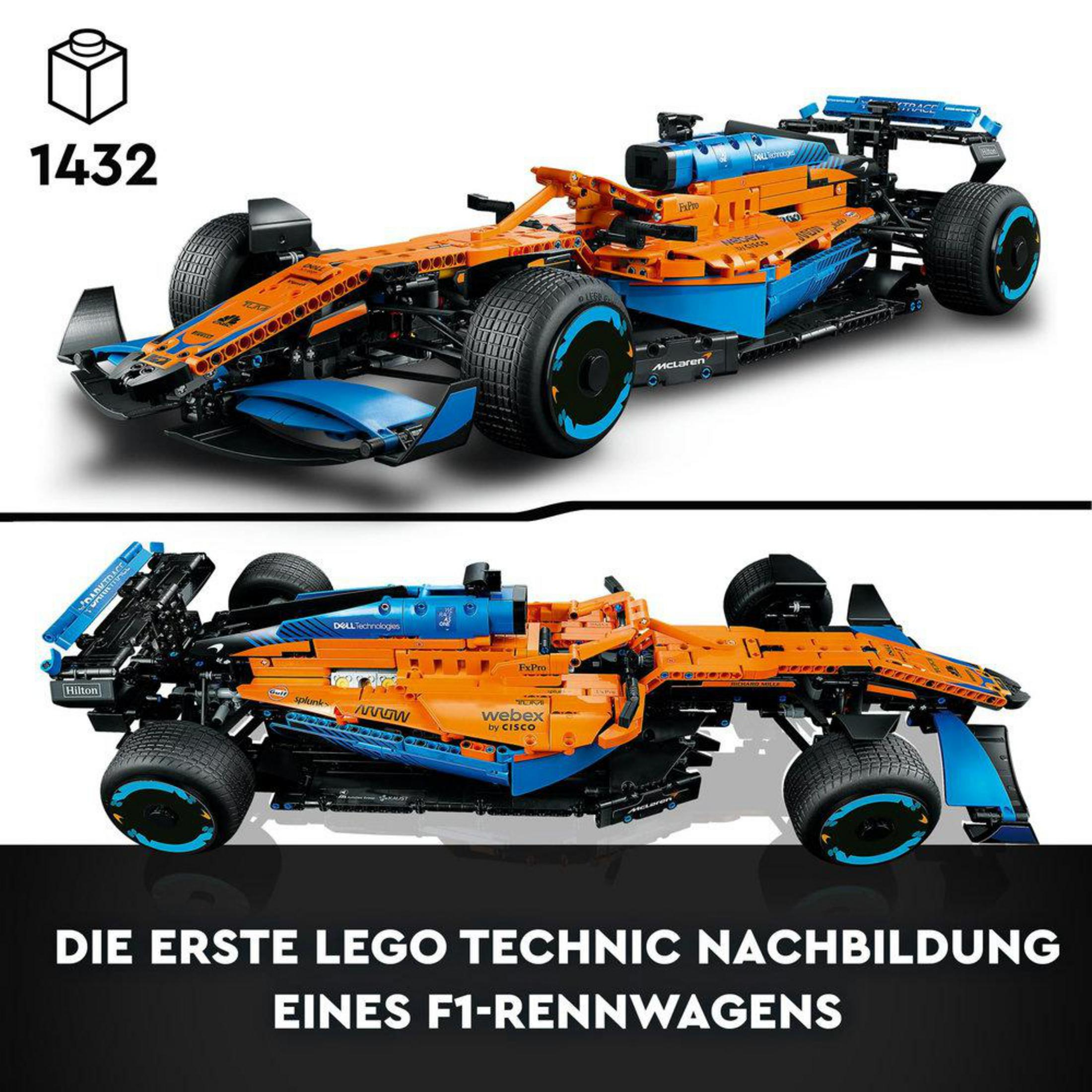Samochód LEGO Technic McLaren F1. Pomarańczowo-niebieski samochód wyścigowy ze szczegółowymi częściami, dwa widoki.