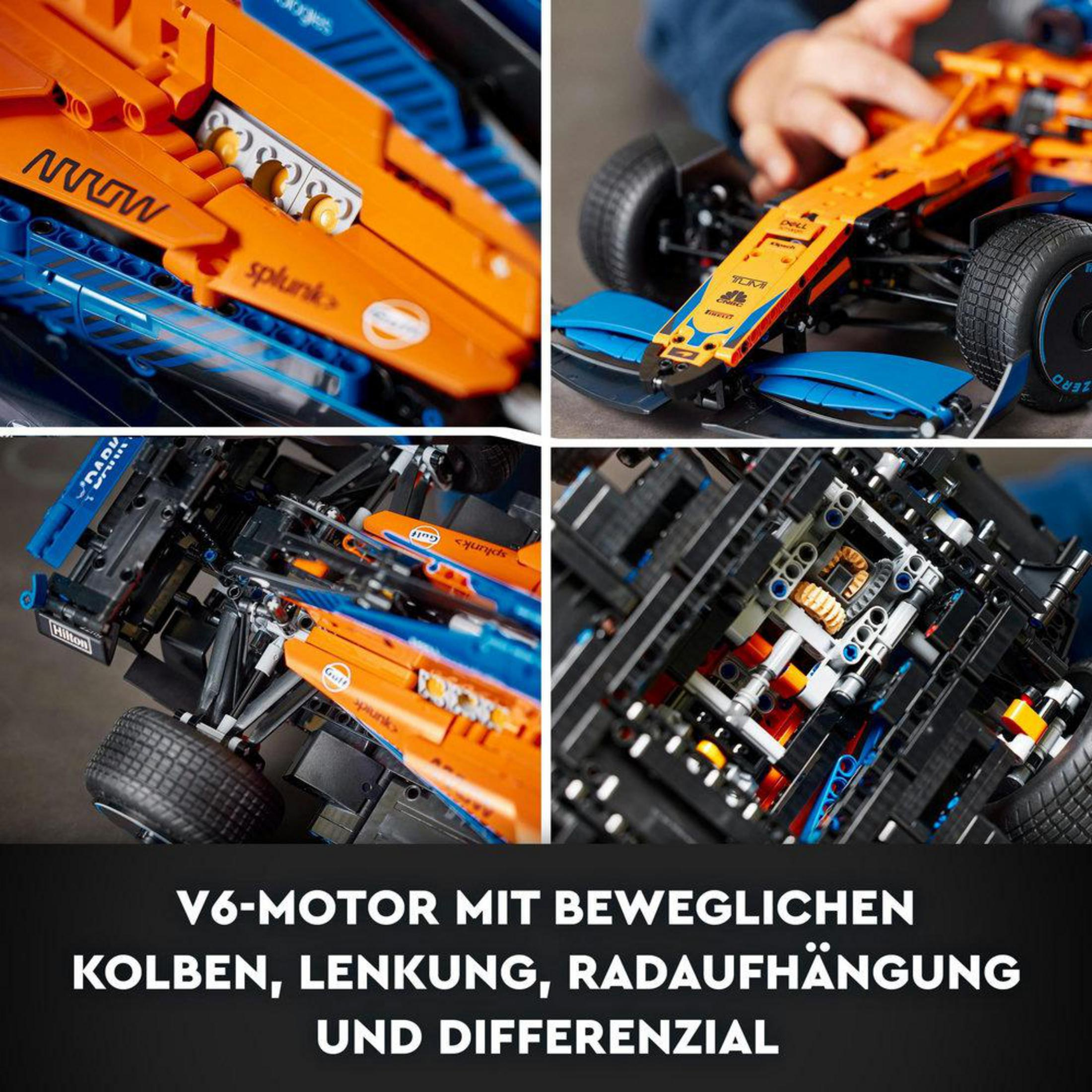 Zbliżenie Lego Technic McLaren F1 pokazujące szczegóły. Silnik V6 z ruchomymi tłokami, kierownicą.