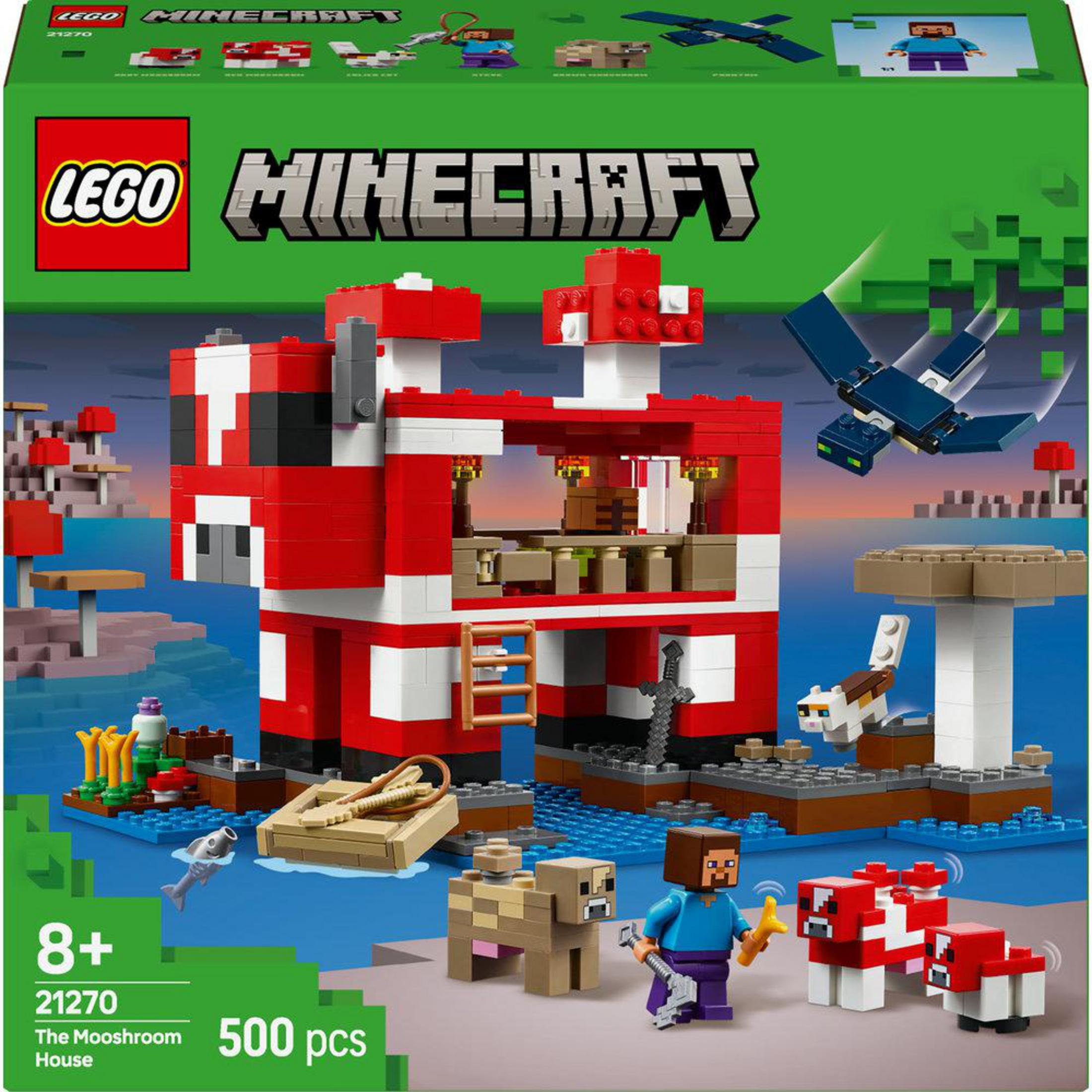 Zestaw LEGO Minecraft The Mooshroom House. Czerwono-biały dom z postaciami i elementami Minecraft.