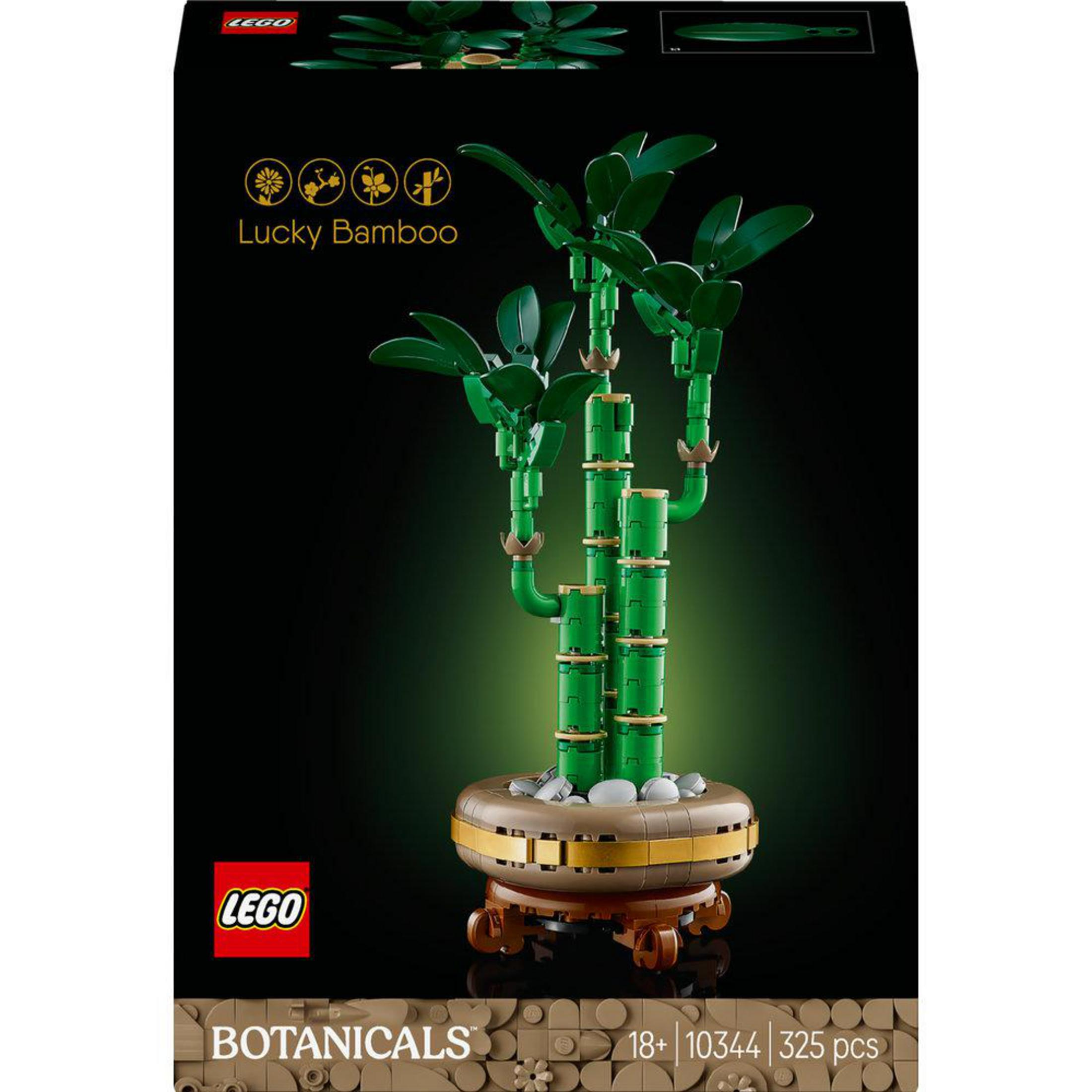 LEGO Botanicals set: Lucky Bamboo, groene bamboestengels in een bruine pot, op een zwarte achtergrond.