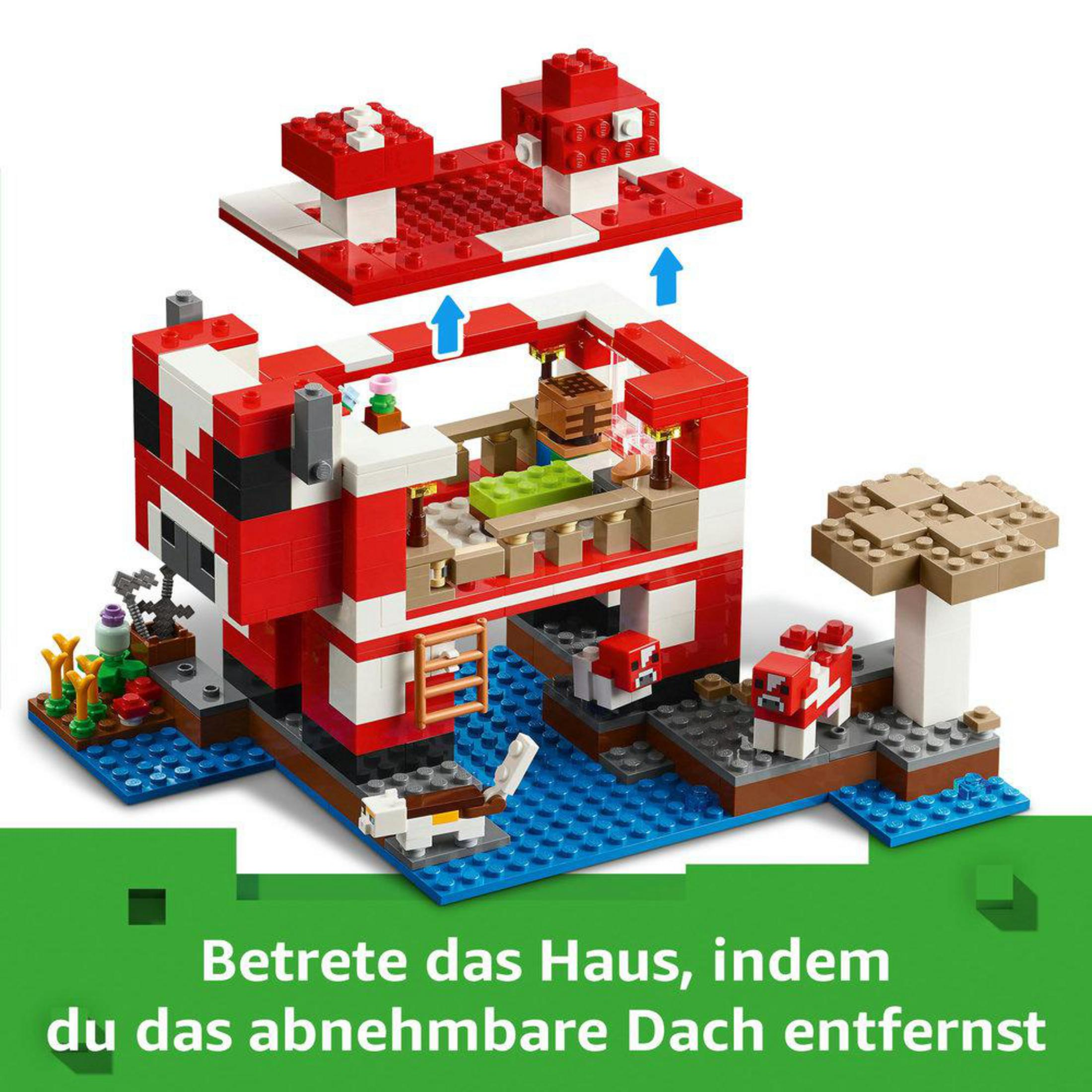 Zestaw LEGO Minecraft Mooshroom House, dom ze zdejmowanym dachem. Widoczne postacie i wnętrze.