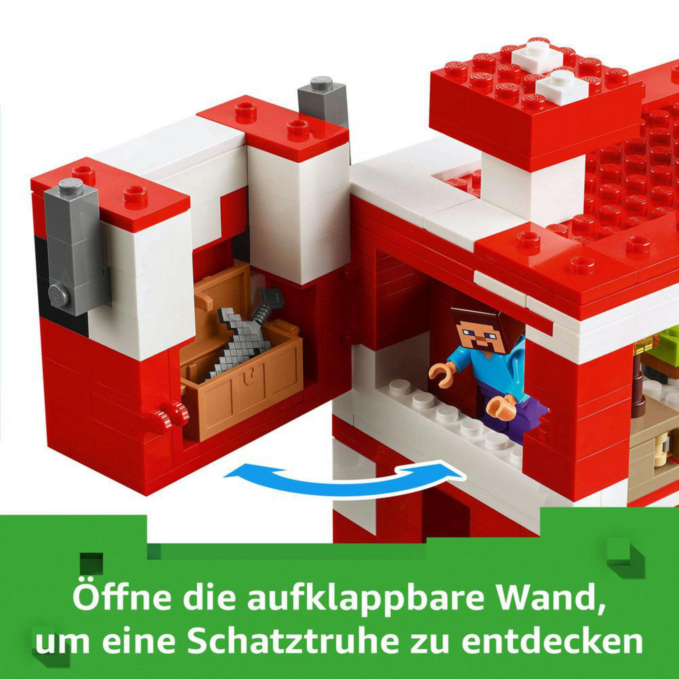 Zestaw Lego Minecraft. Figurka Steve otwiera skrzynię w czerwono-białym domu.