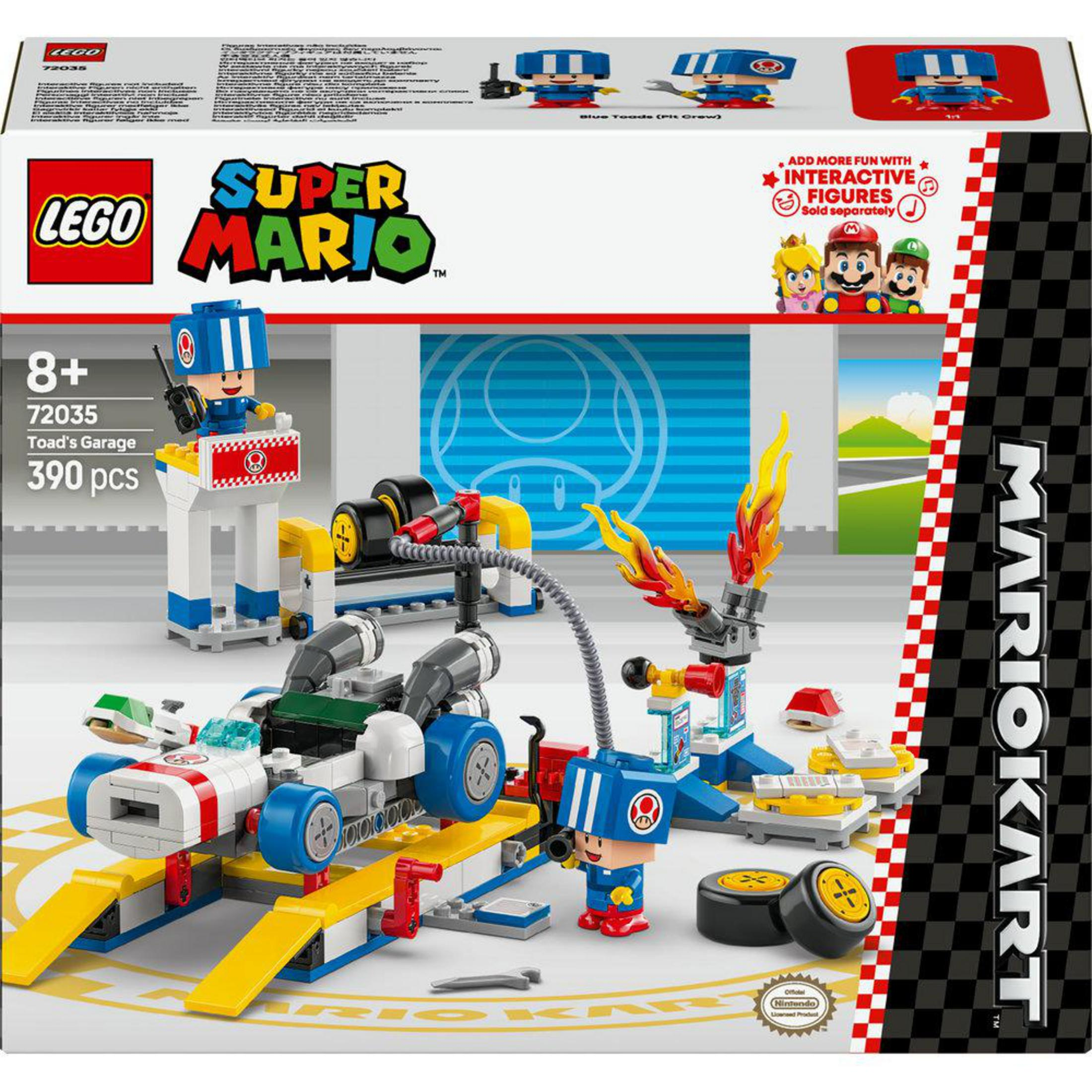Bir Lego Super Mario seti. Mario figürleri, bir yarış pisti ve bir garaj dahildir.