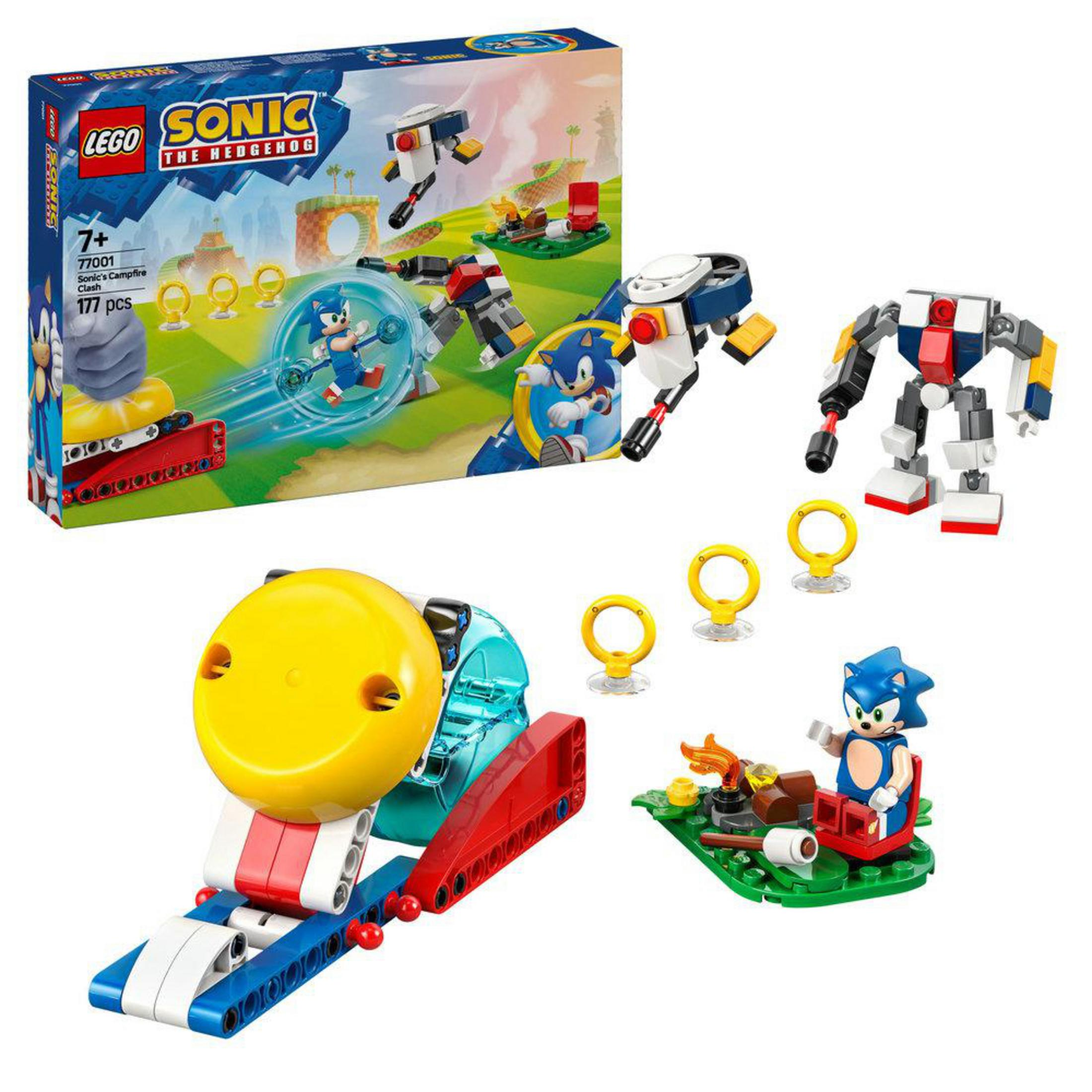Zestaw Lego Sonic the Hedgehog. Zawiera katapultę, Sonica i roboty. Pierścienie są w scenie.