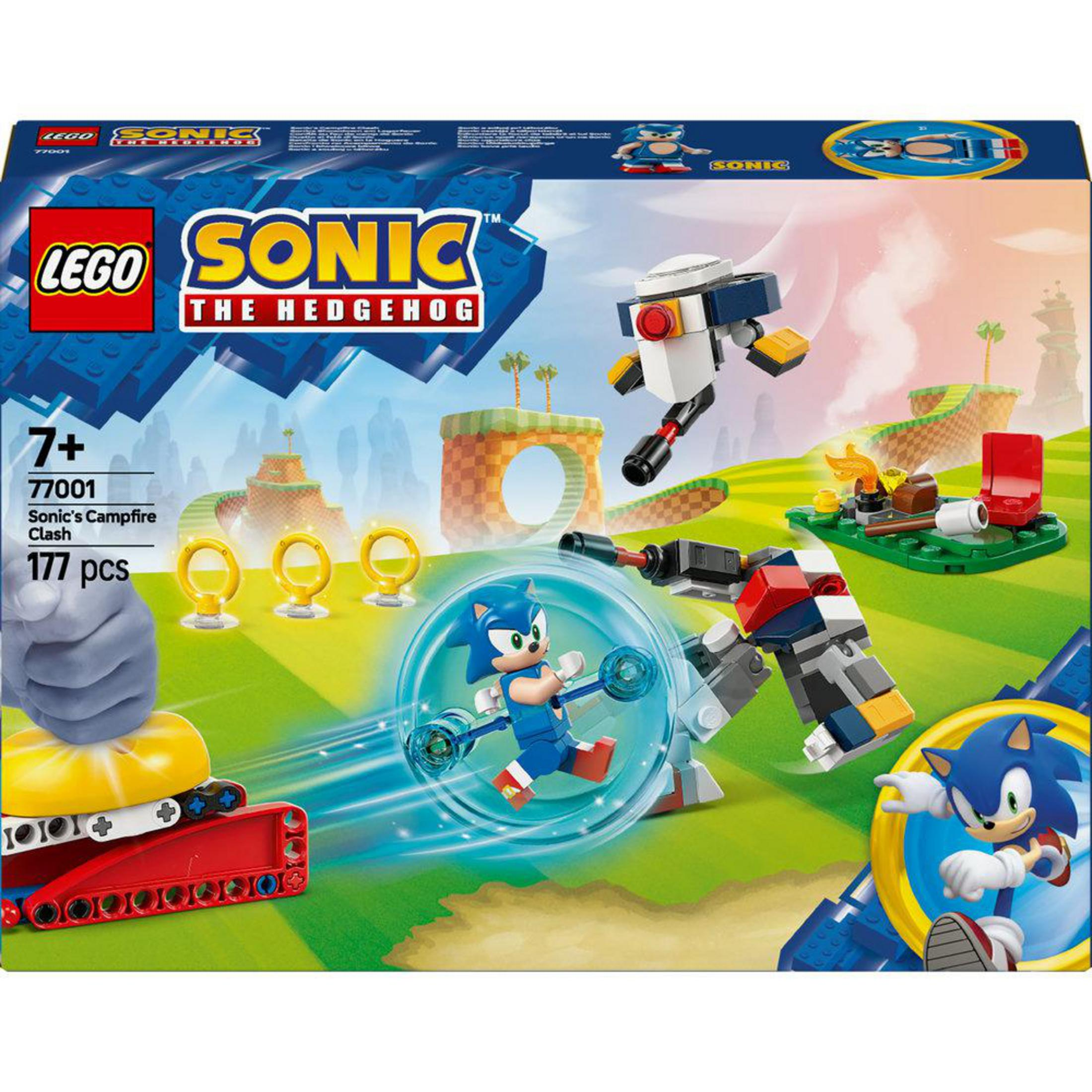 Pudełko zestawu LEGO Sonic: figurka Sonica w kuli, konstrukcje, pierścienie i ognisko. Tło to zielony krajobraz.