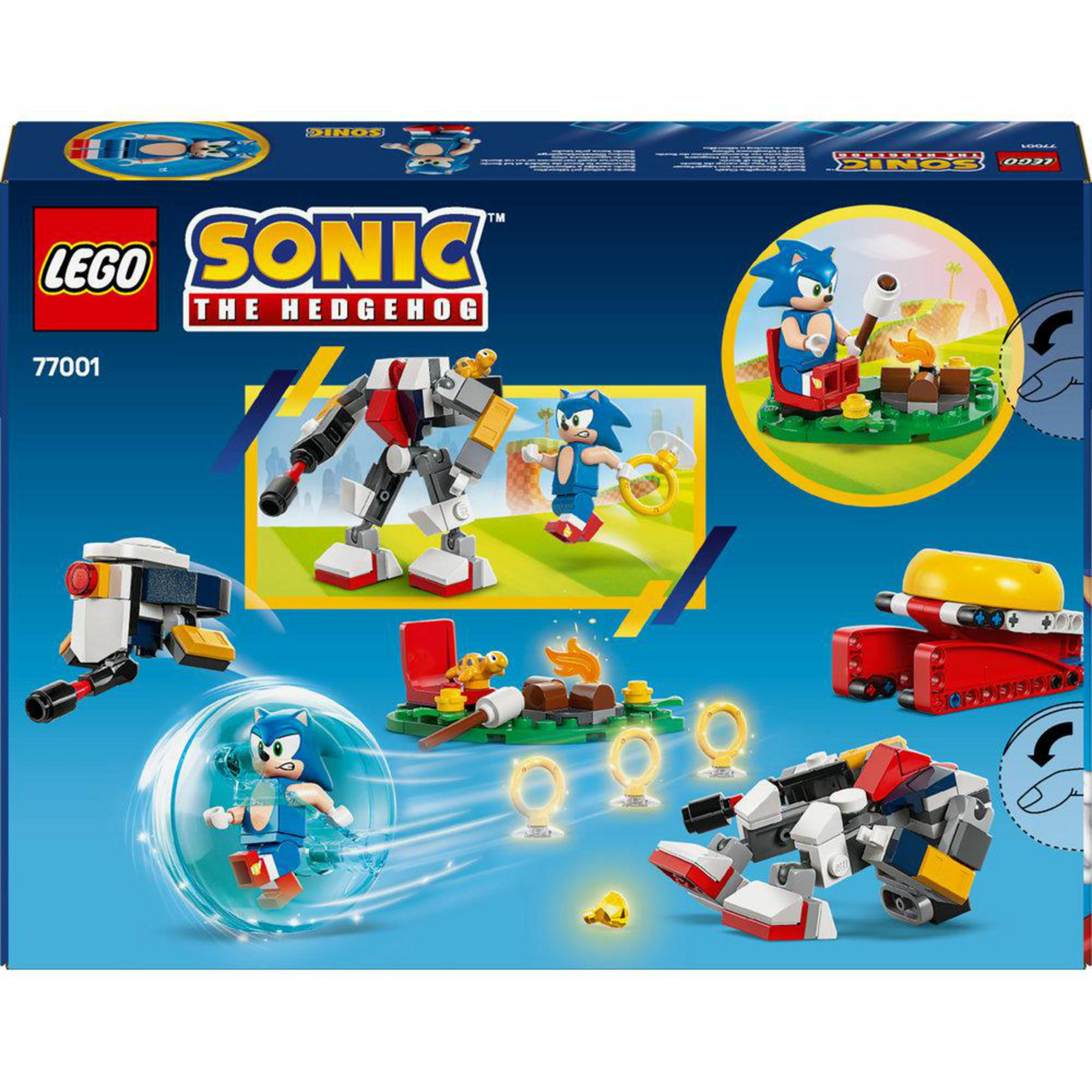 Pudełko Lego Sonic the Hedgehog z różnymi scenami do zbudowania na niebieskim tle.